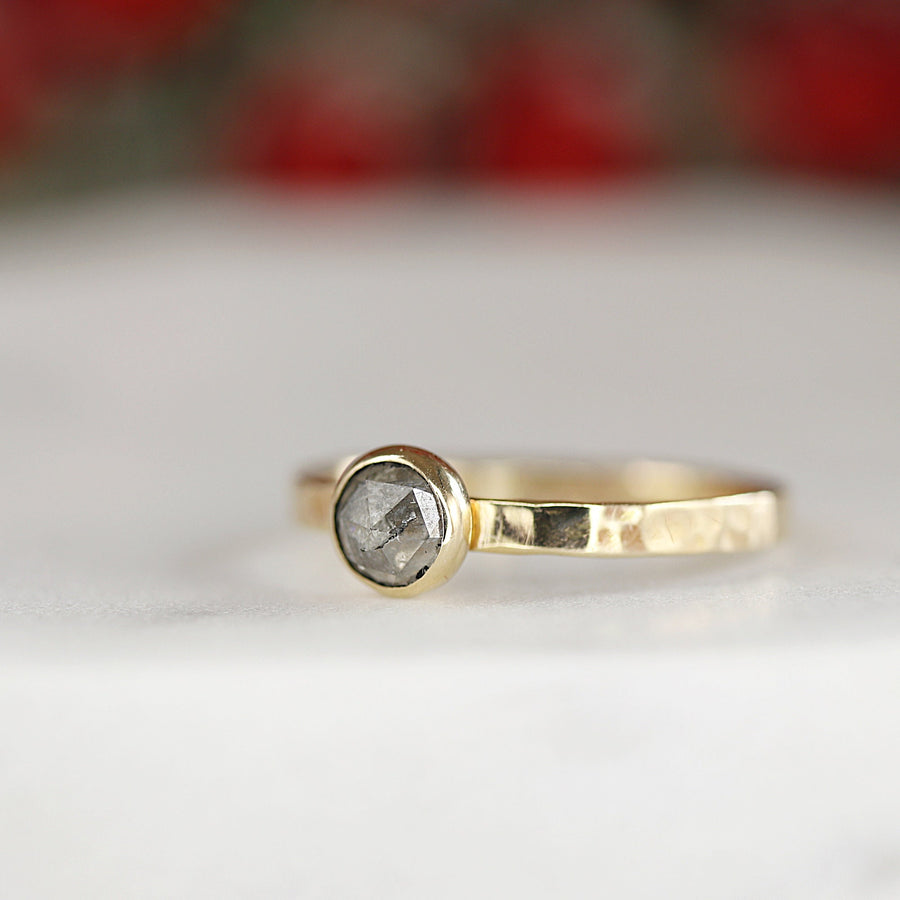 5mm Salt and Pepper Diamond Ring, Solid 14k Gold Rustic Diamond Stacking Ring