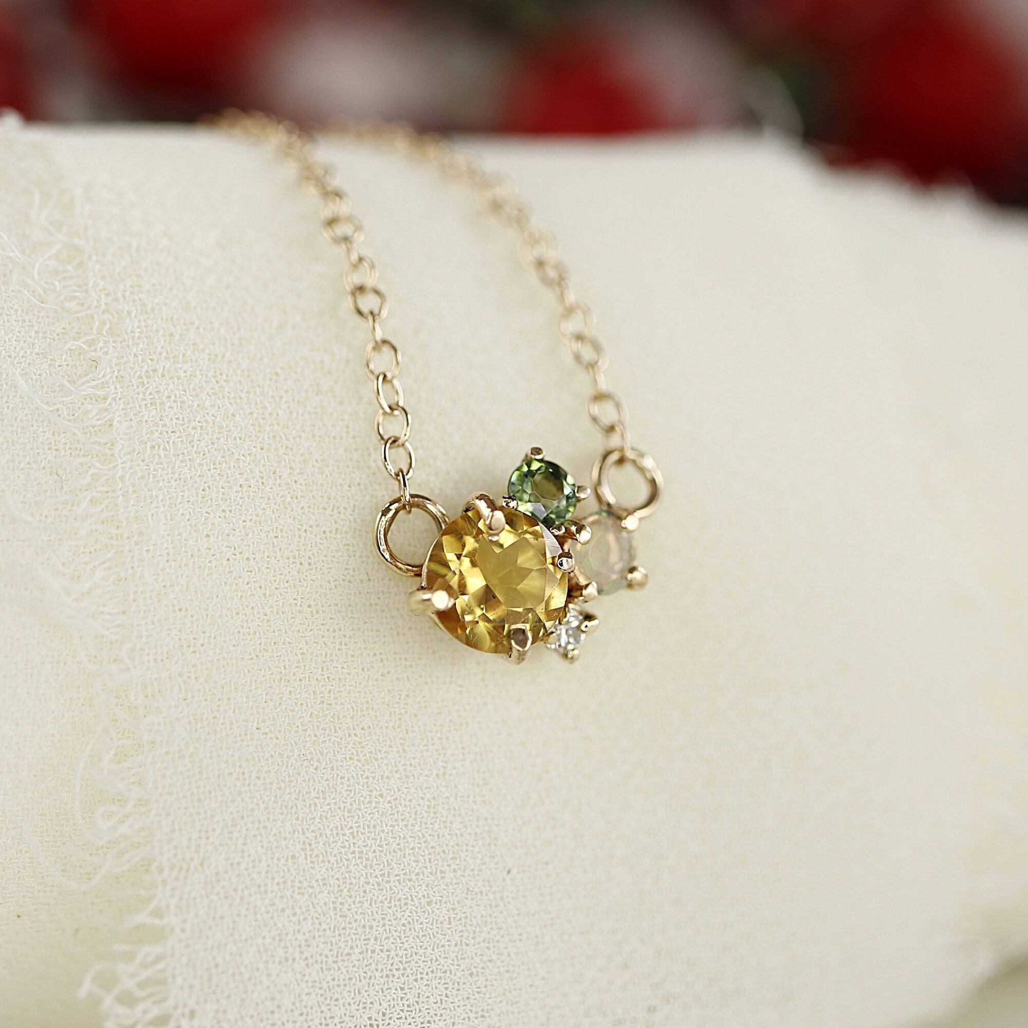 14k Gold Multi Gemstone Necklace: Citrine, Opal, Green Tourmaline and Diamond