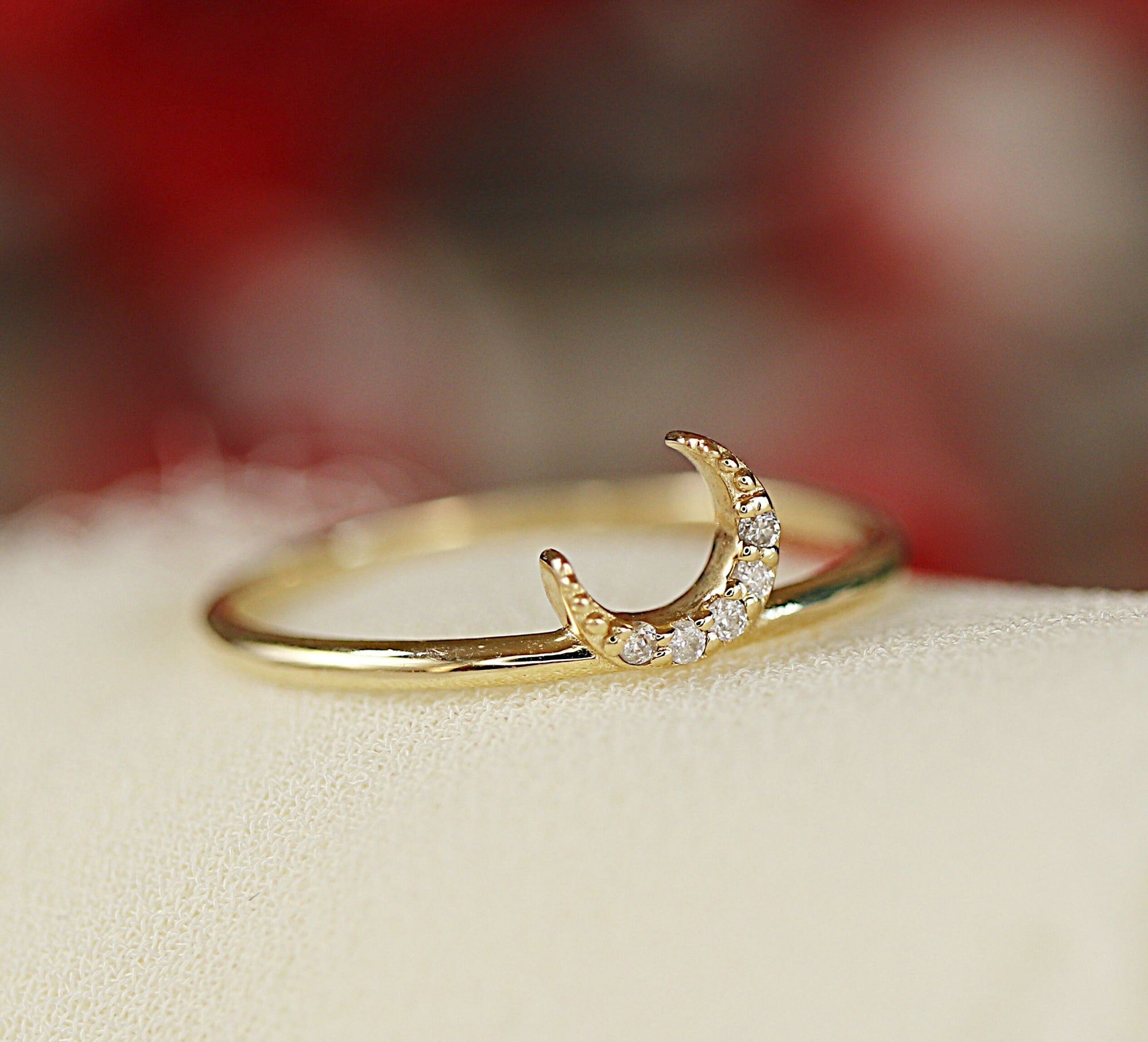 Genuine Diamond Crescent Moon Ring, Moon Ring in 14k Gold