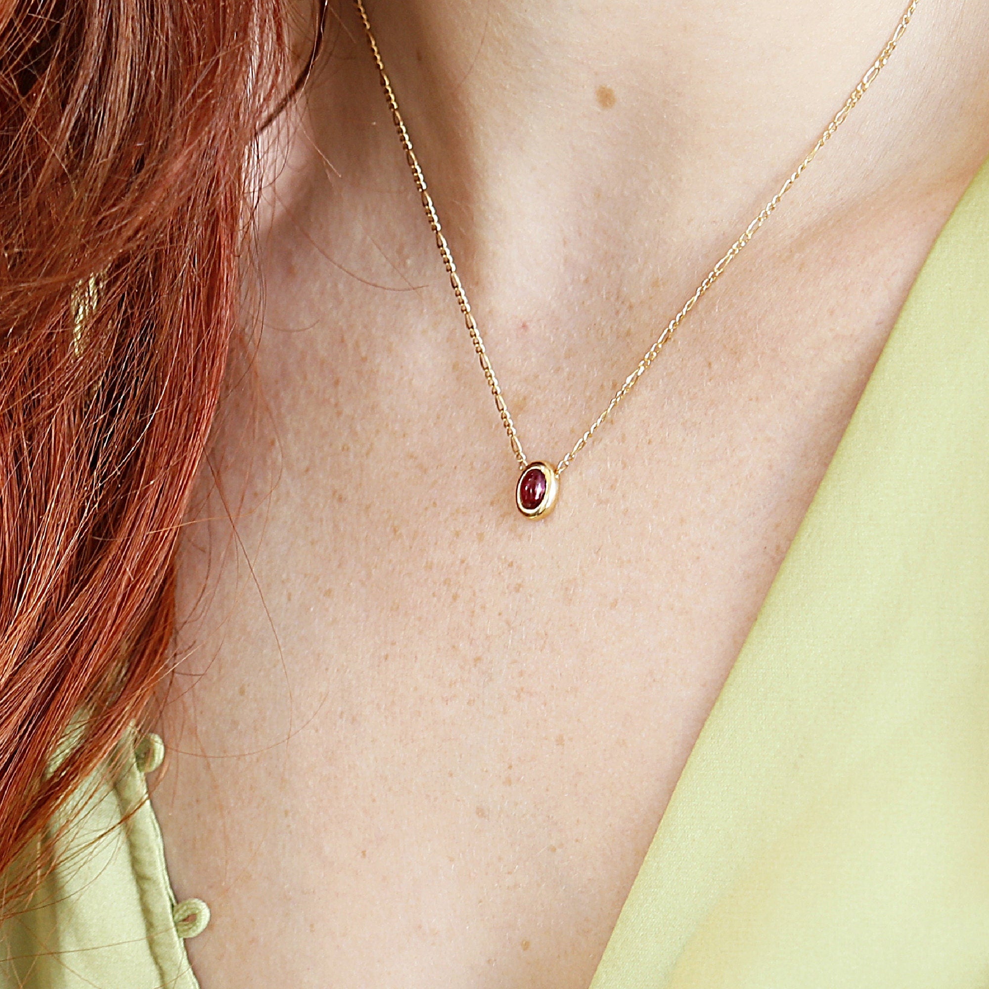 Pink Tourmaline Necklace in 14k Gold Figaro Chain