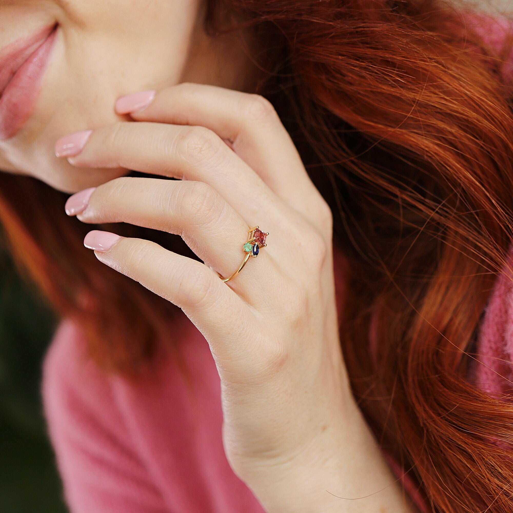 Pink Tourmaline Cluster Ring 14k Gold, Multi Stone Ring