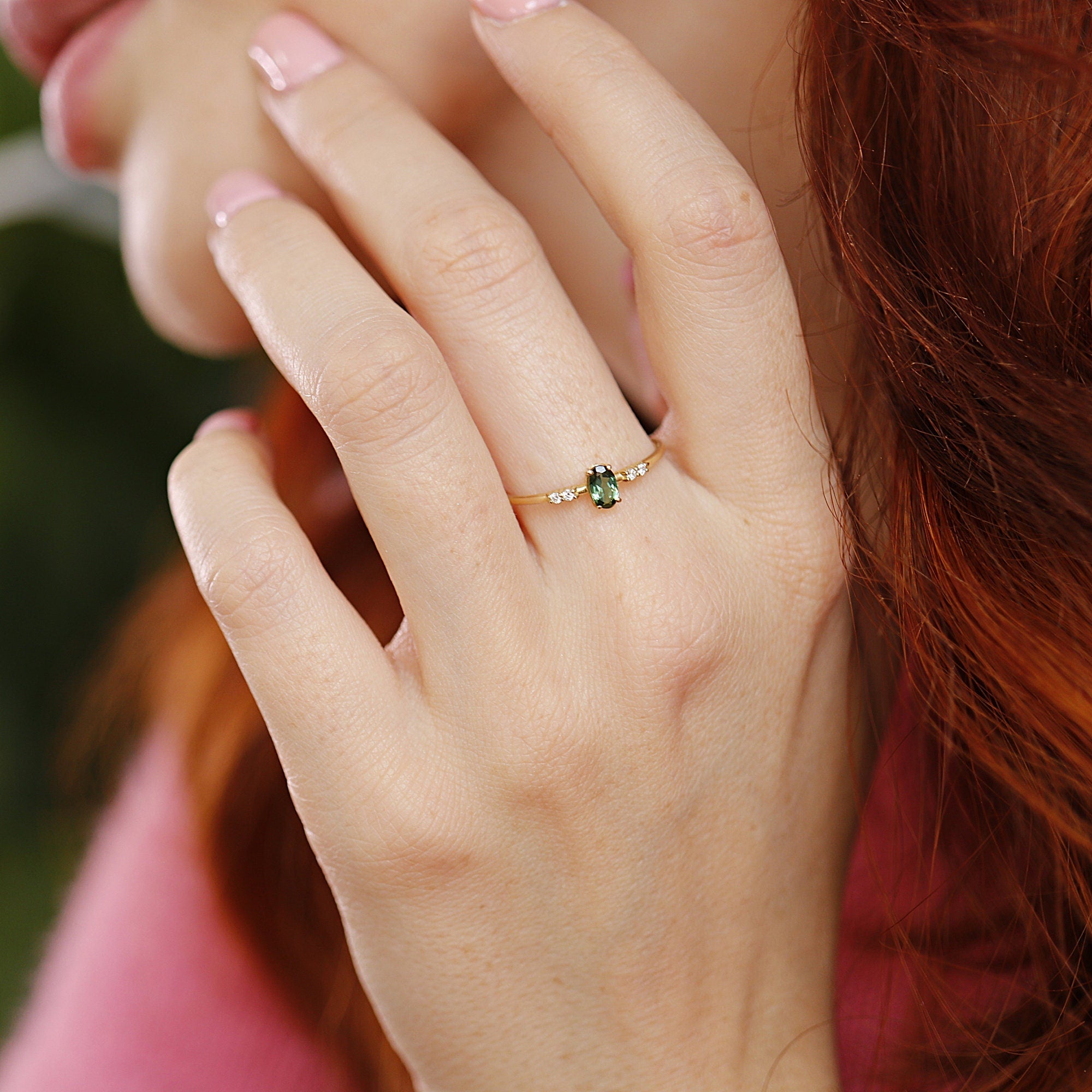 Oval Green Tourmaline w. Diamonds Ring, 14k Solid Gold Tourmaline Engagement Ring,  Green Gemstone Ring, Promise Ring, Christmas Gift