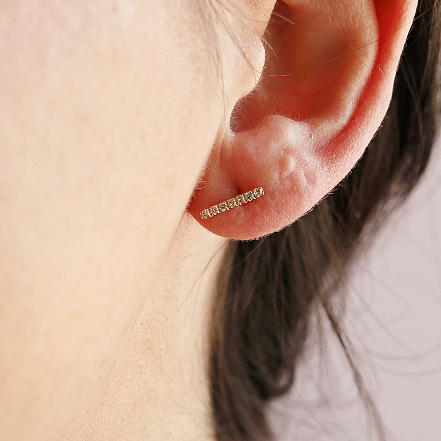 Diamond Bar Earrings, 14k Solid Gold Earrings, Modern Diamond Bar Stud Earrings, Second Hole Studs, Single Gift For Her, Geometric Earrings