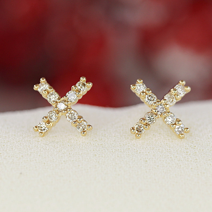 Diamond X Earrings 14k Yellow Gold, Criss Cross Stud Earrings