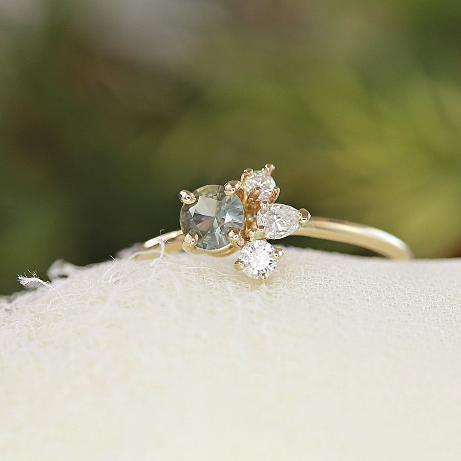Diamond & Green Sapphire Cluster Engagement Ring
