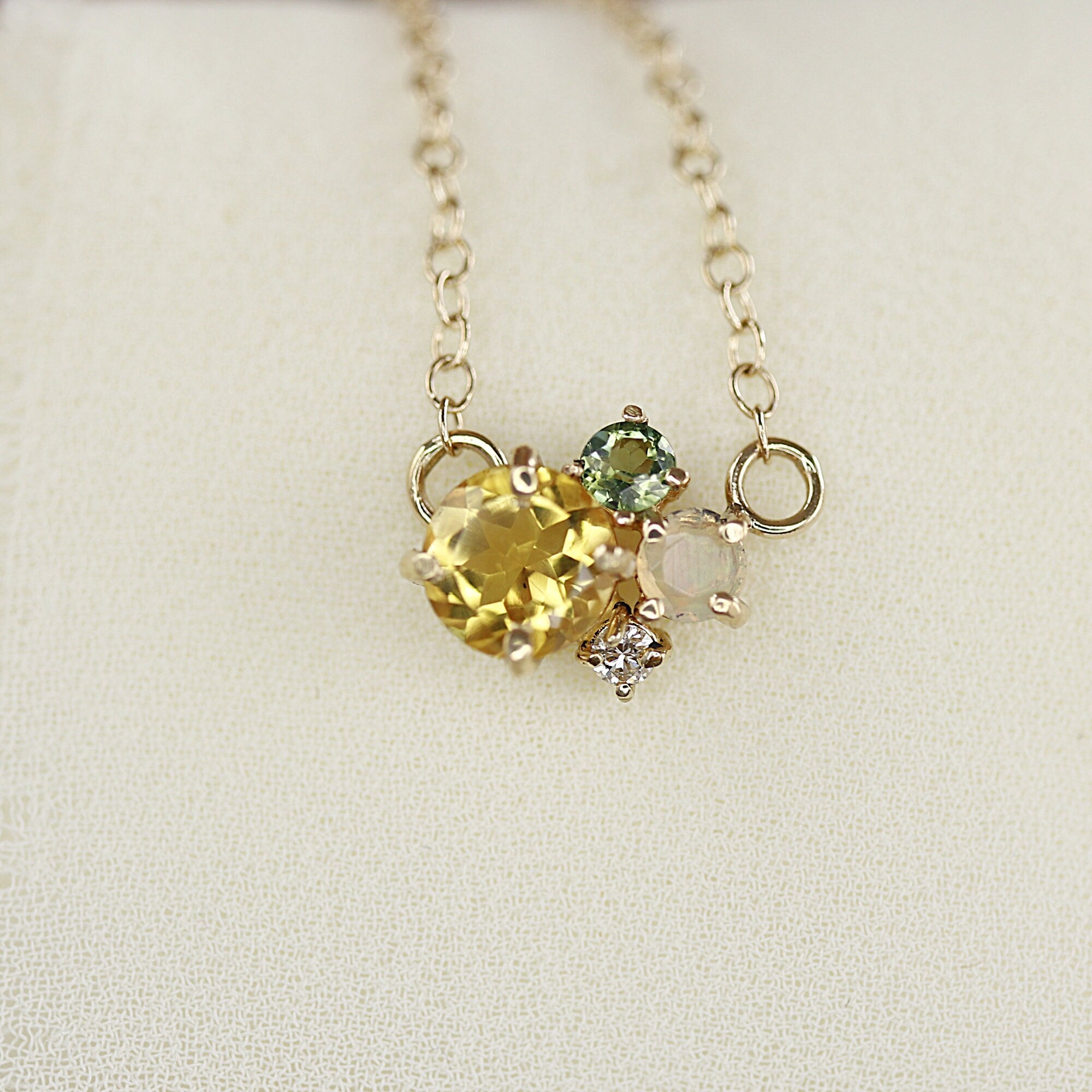 14k Gold Multi Gemstone Necklace: Citrine, Opal, Green Tourmaline and Diamond