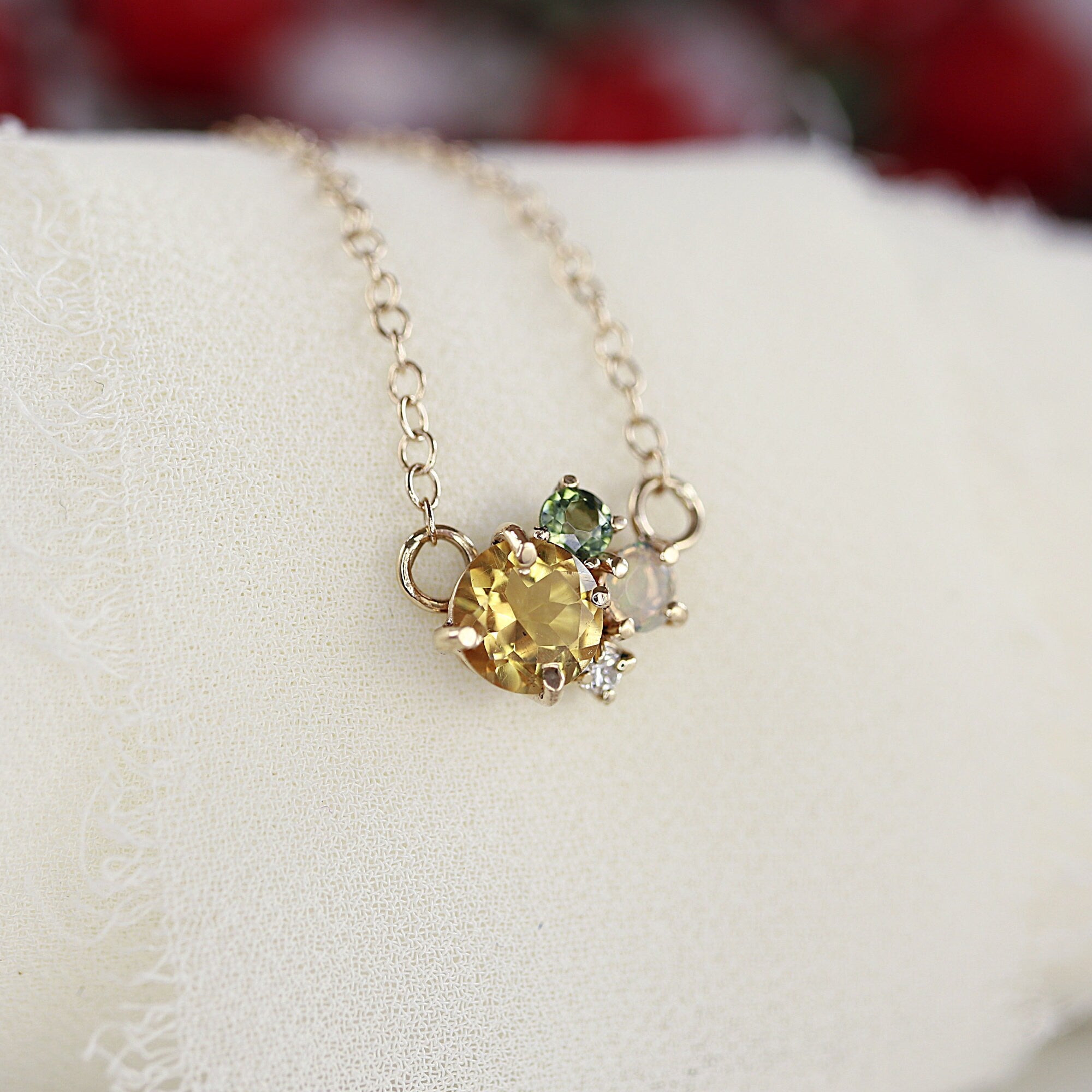 14k Gold Multi Gemstone Necklace: Citrine, Opal, Green Tourmaline and Diamond