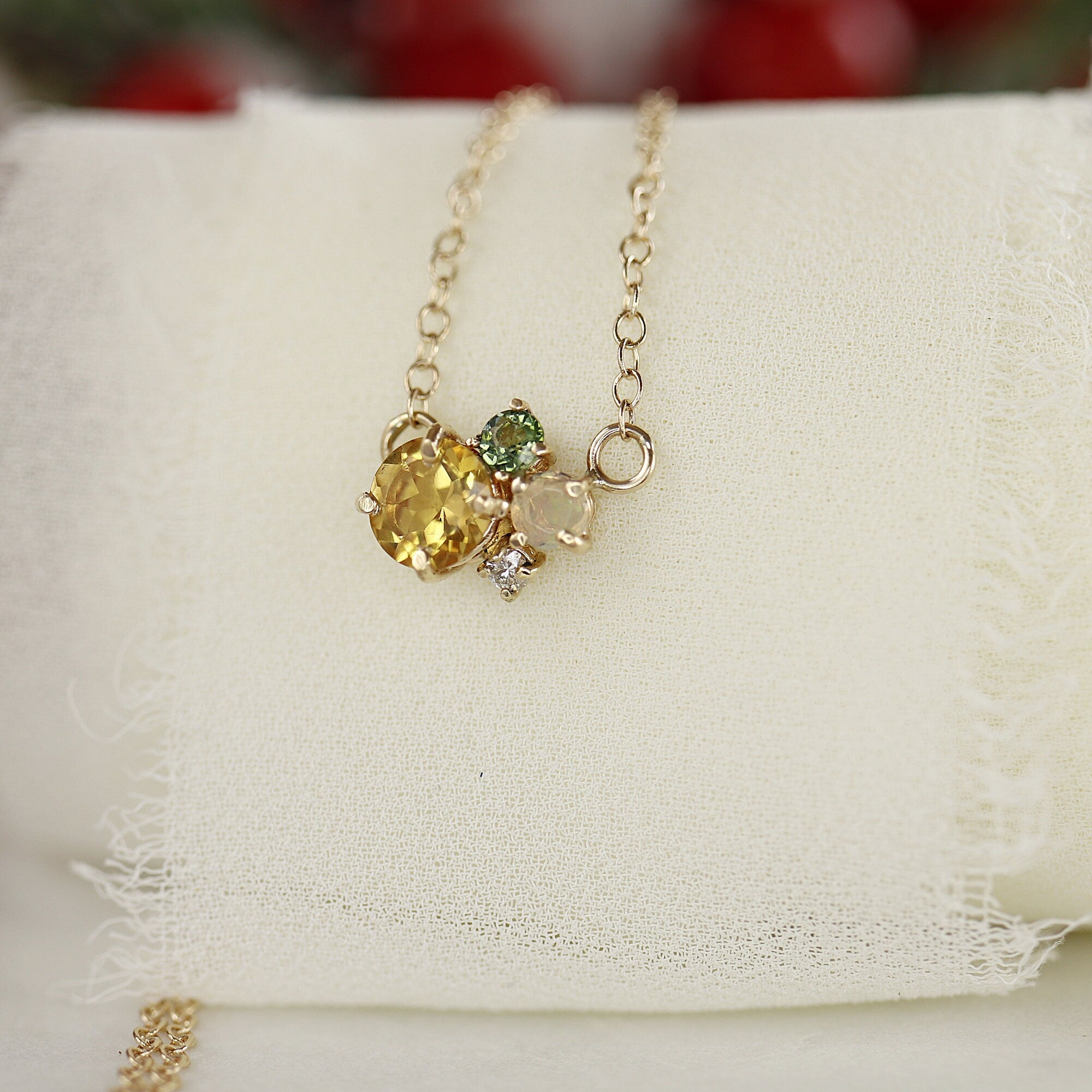 14k Gold Multi Gemstone Necklace: Citrine, Opal, Green Tourmaline and Diamond