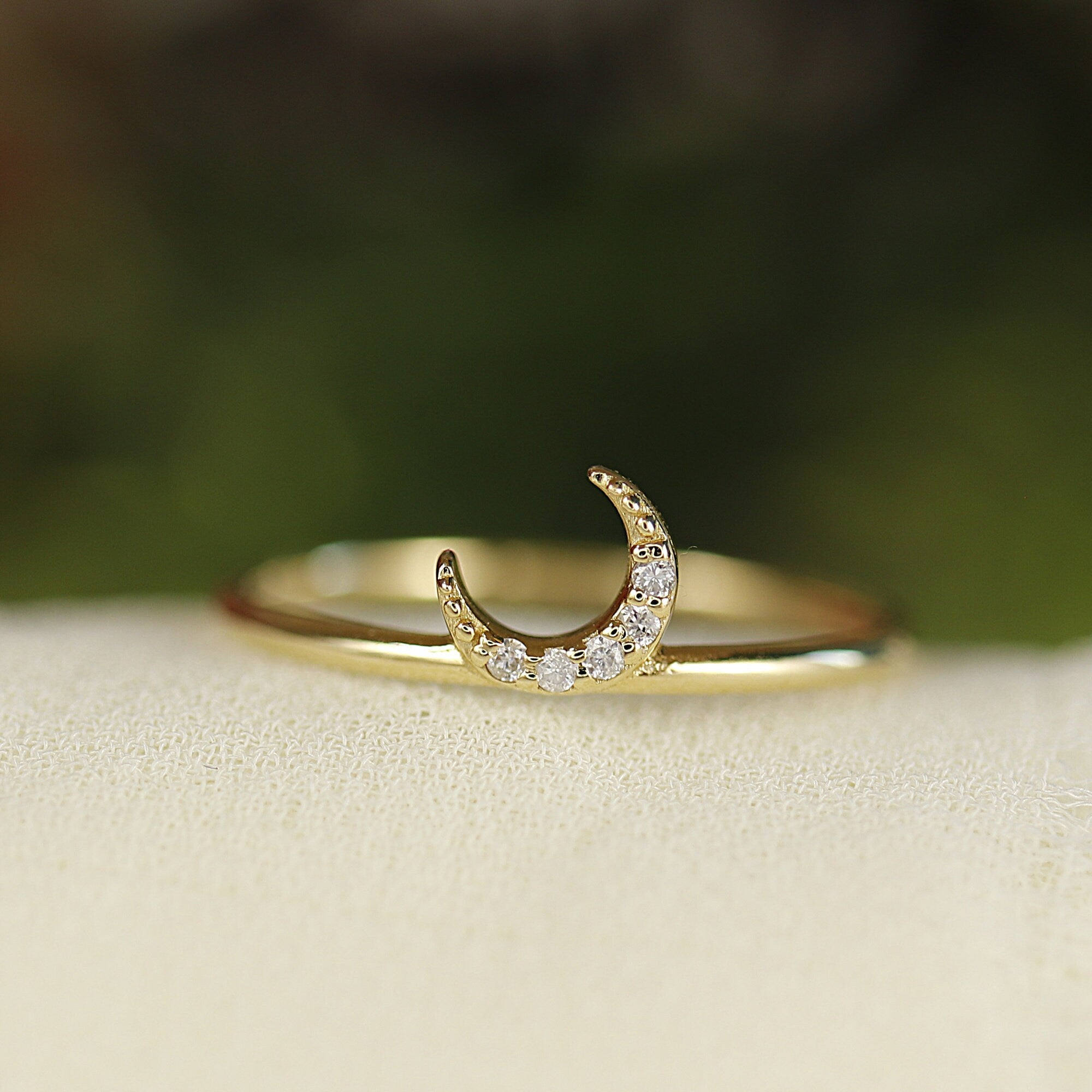 Genuine Diamond Crescent Moon Ring, Moon Ring in 14k Gold