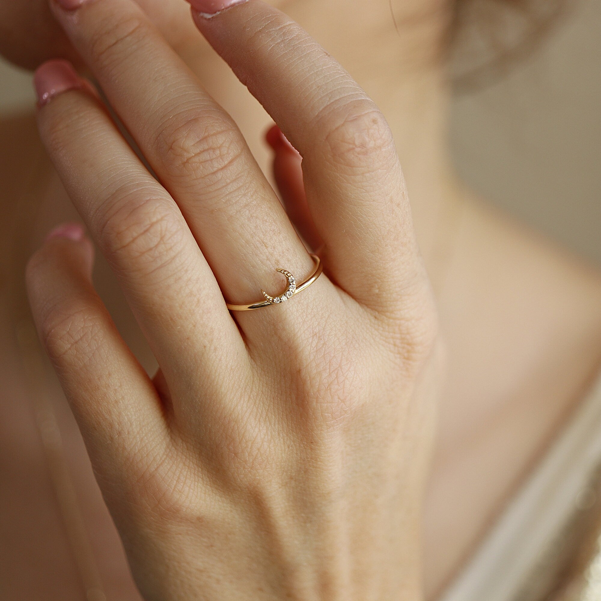 Genuine Diamond Crescent Moon Ring, Moon Ring in 14k Gold