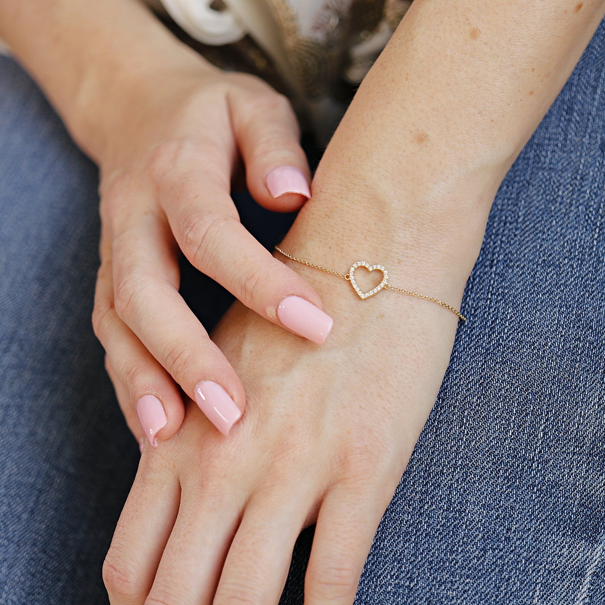 Diamond Heart Bracelet 14k Solid Gold, Genuine Diamond Pave Bracelet, Gold Heart Jewelry, Cluster Diamond Bracelet, Wedding Jewelry Gift