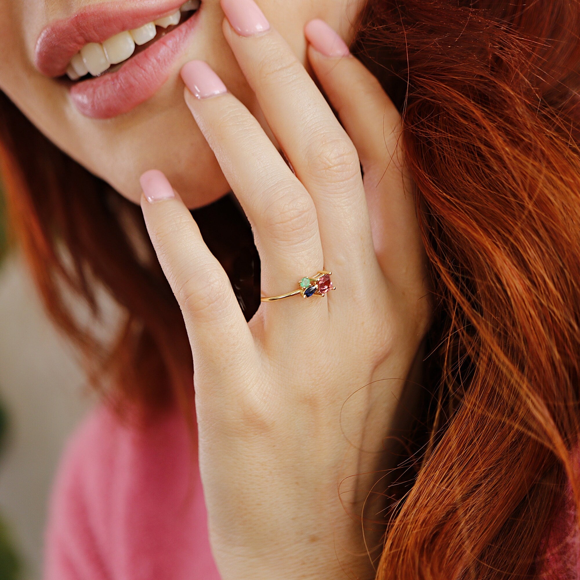 Pink Tourmaline Cluster Ring 14k Gold, Multi Stone Ring