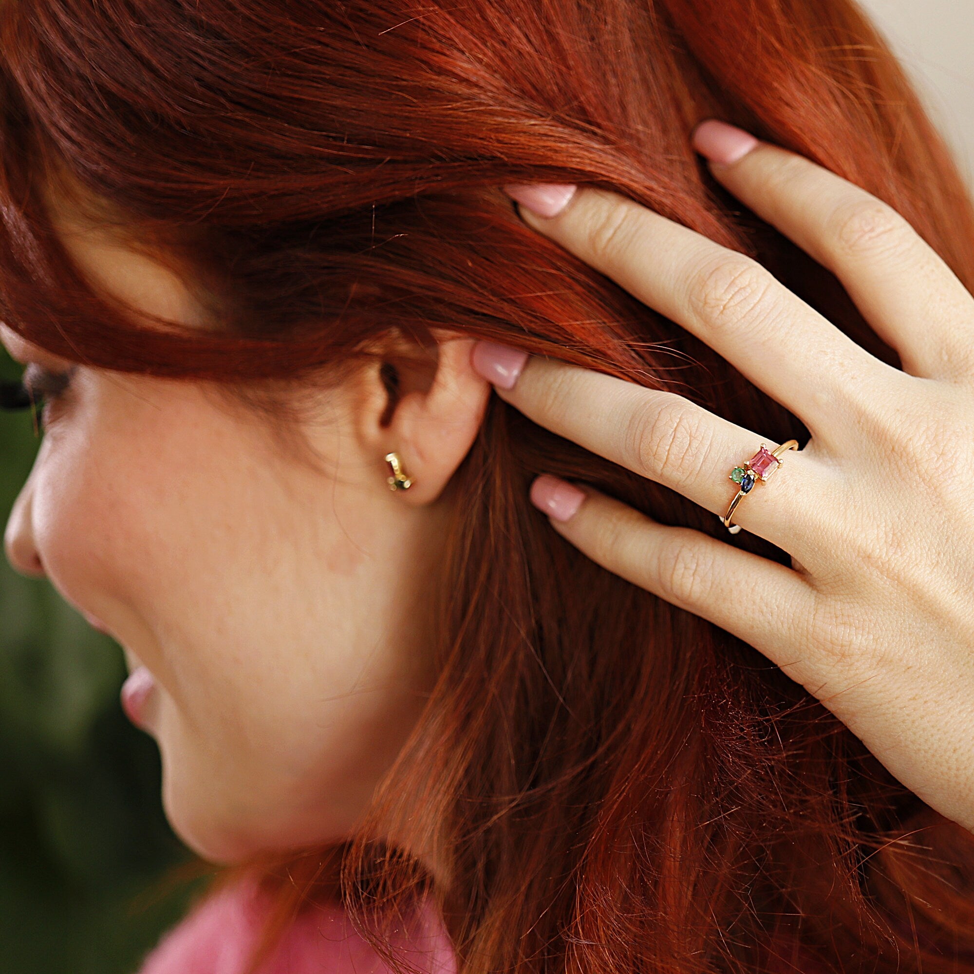 Pink Tourmaline Cluster Ring 14k Gold, Multi Stone Ring