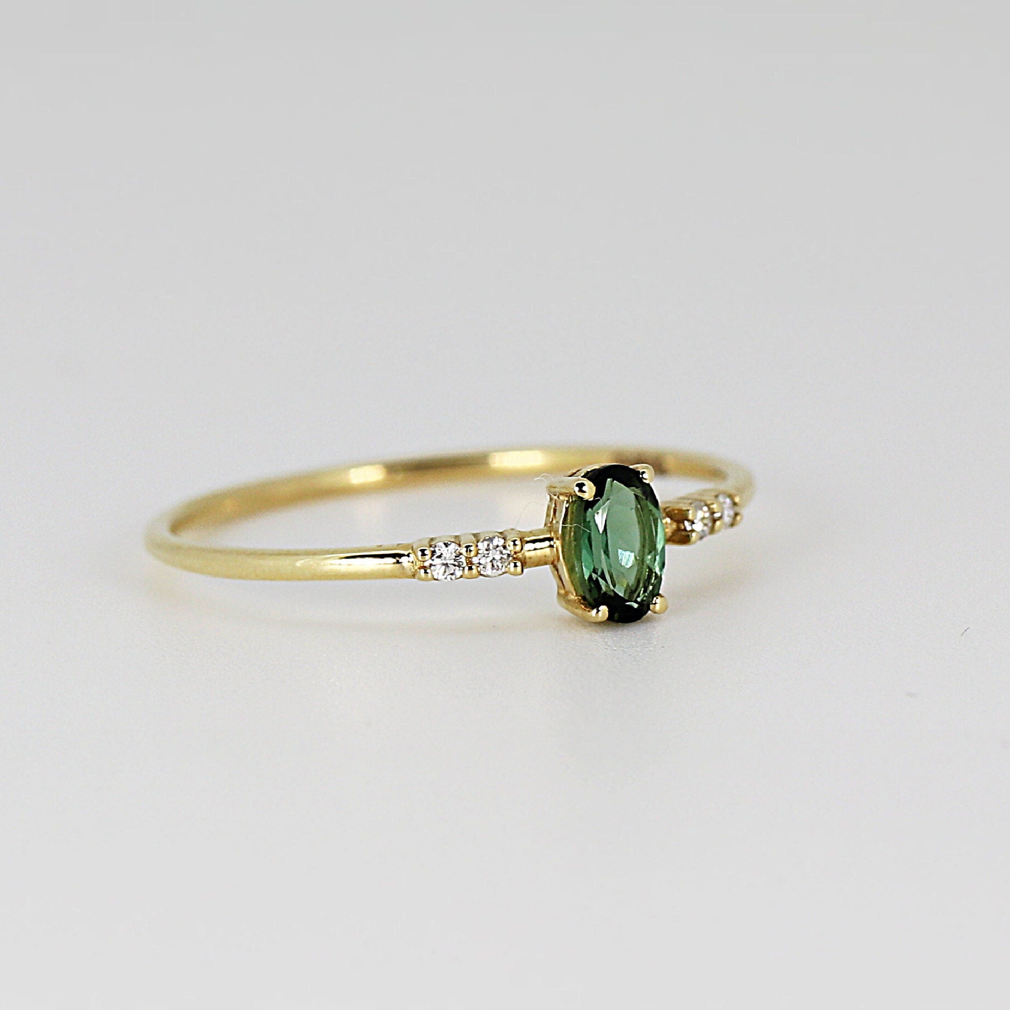 Oval Green Tourmaline w. Diamonds Ring, 14k Solid Gold Tourmaline Engagement Ring,  Green Gemstone Ring, Promise Ring, Christmas Gift