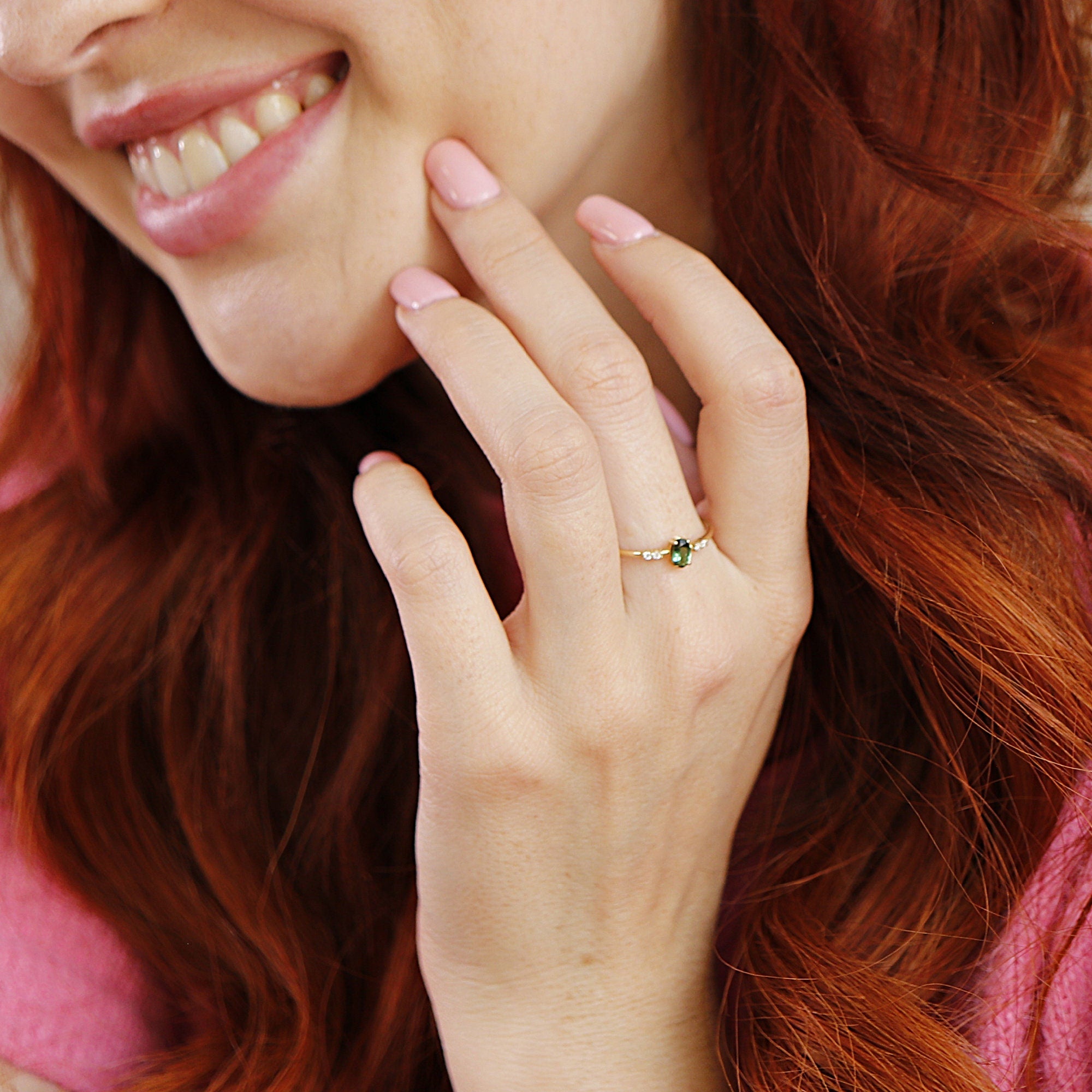 Oval Green Tourmaline w. Diamonds Ring, 14k Solid Gold Tourmaline Engagement Ring,  Green Gemstone Ring, Promise Ring, Christmas Gift