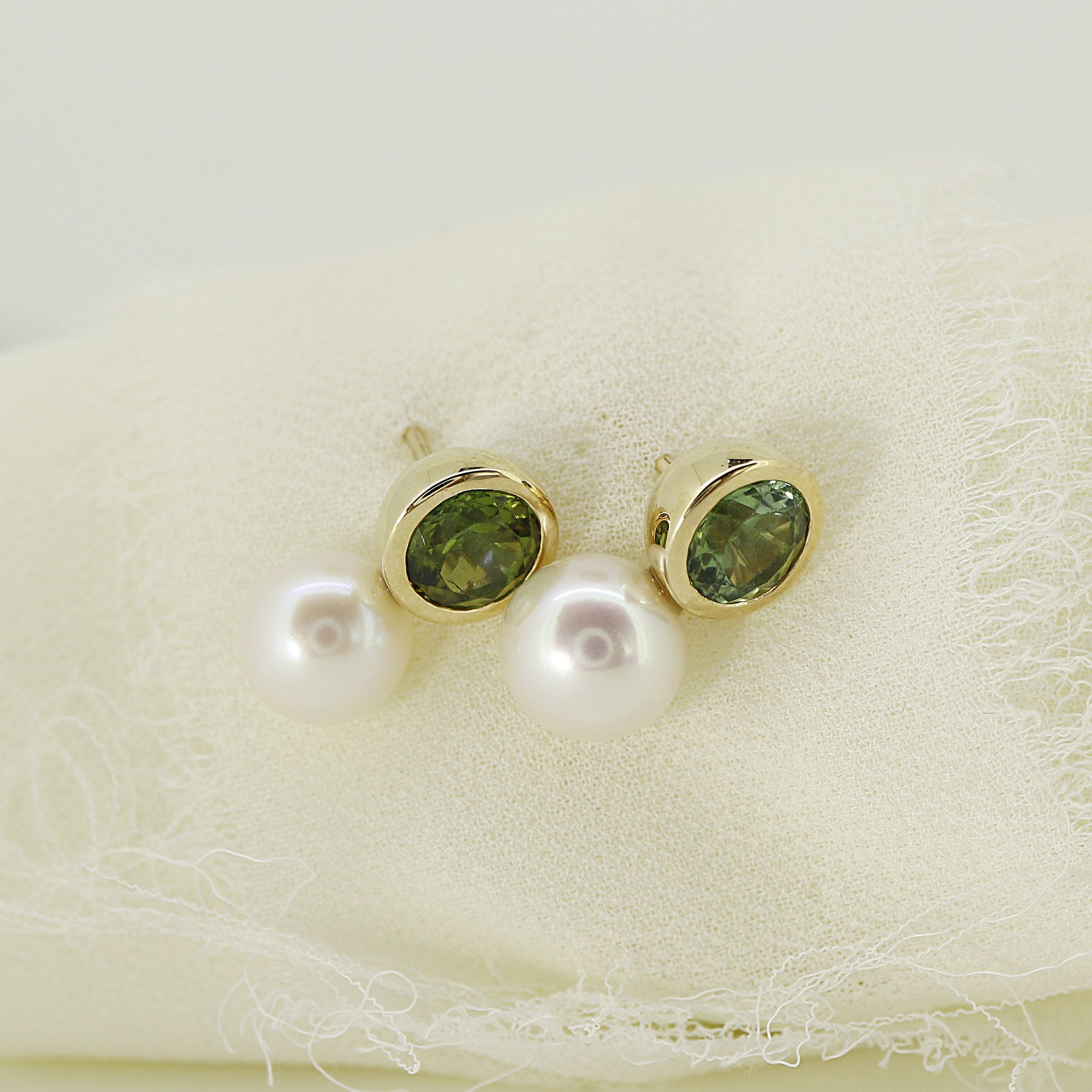 Pearl and Green Tourmaline Earrings 18k Solid Gold