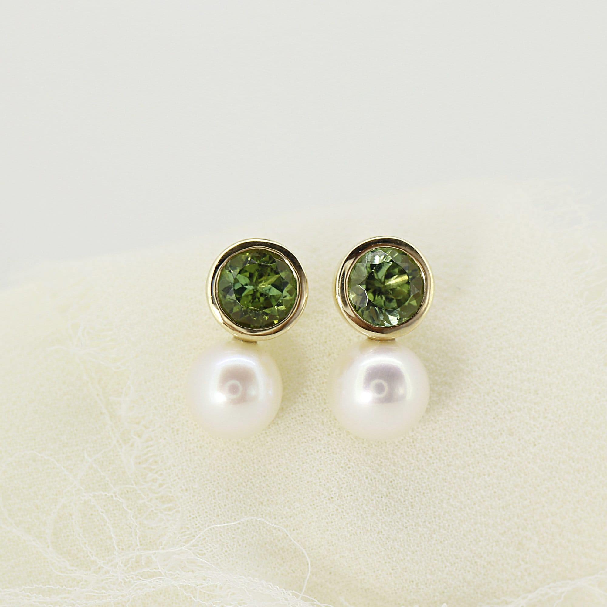 Pearl and Green Tourmaline Earrings 18k Solid Gold