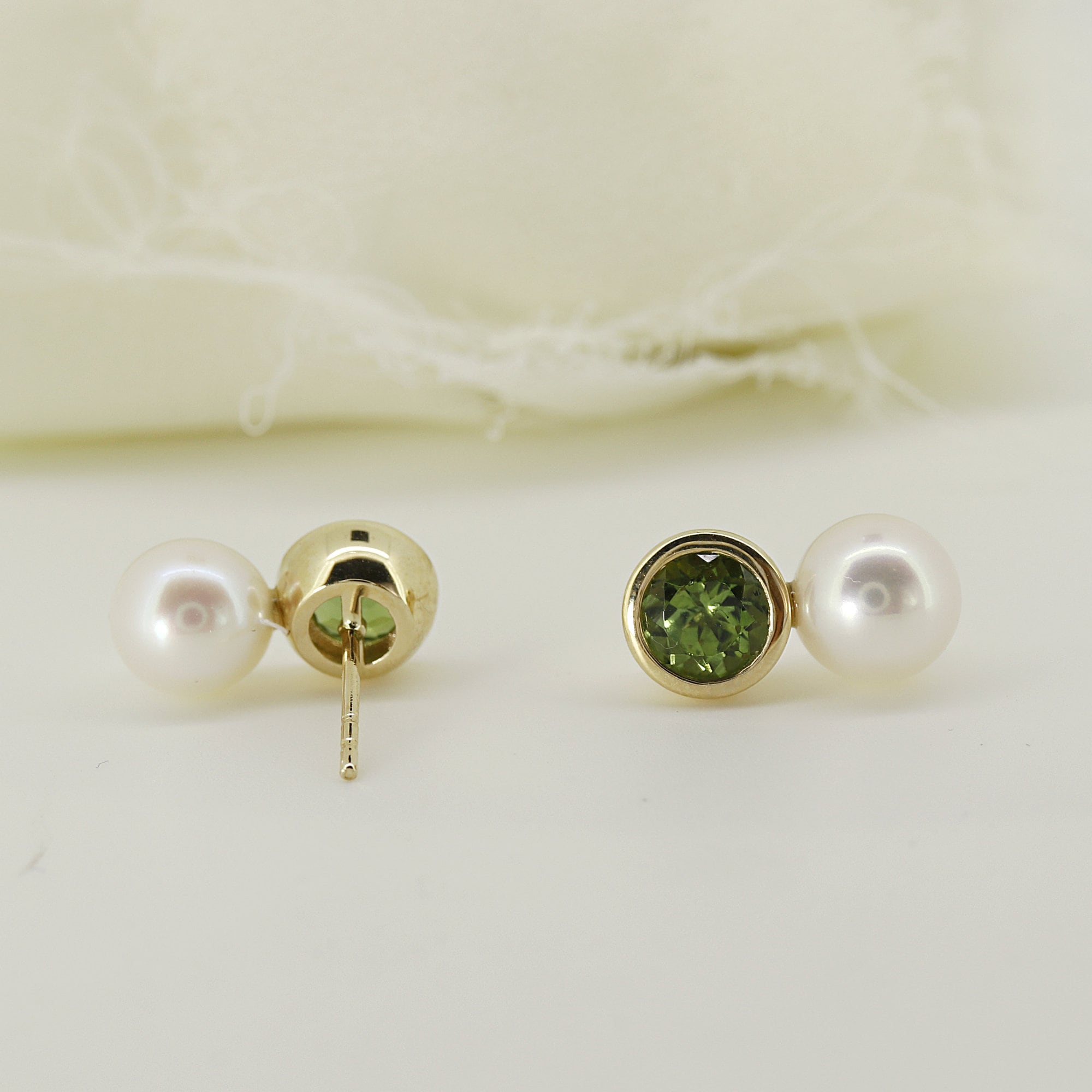 Pearl and Green Tourmaline Earrings 18k Solid Gold