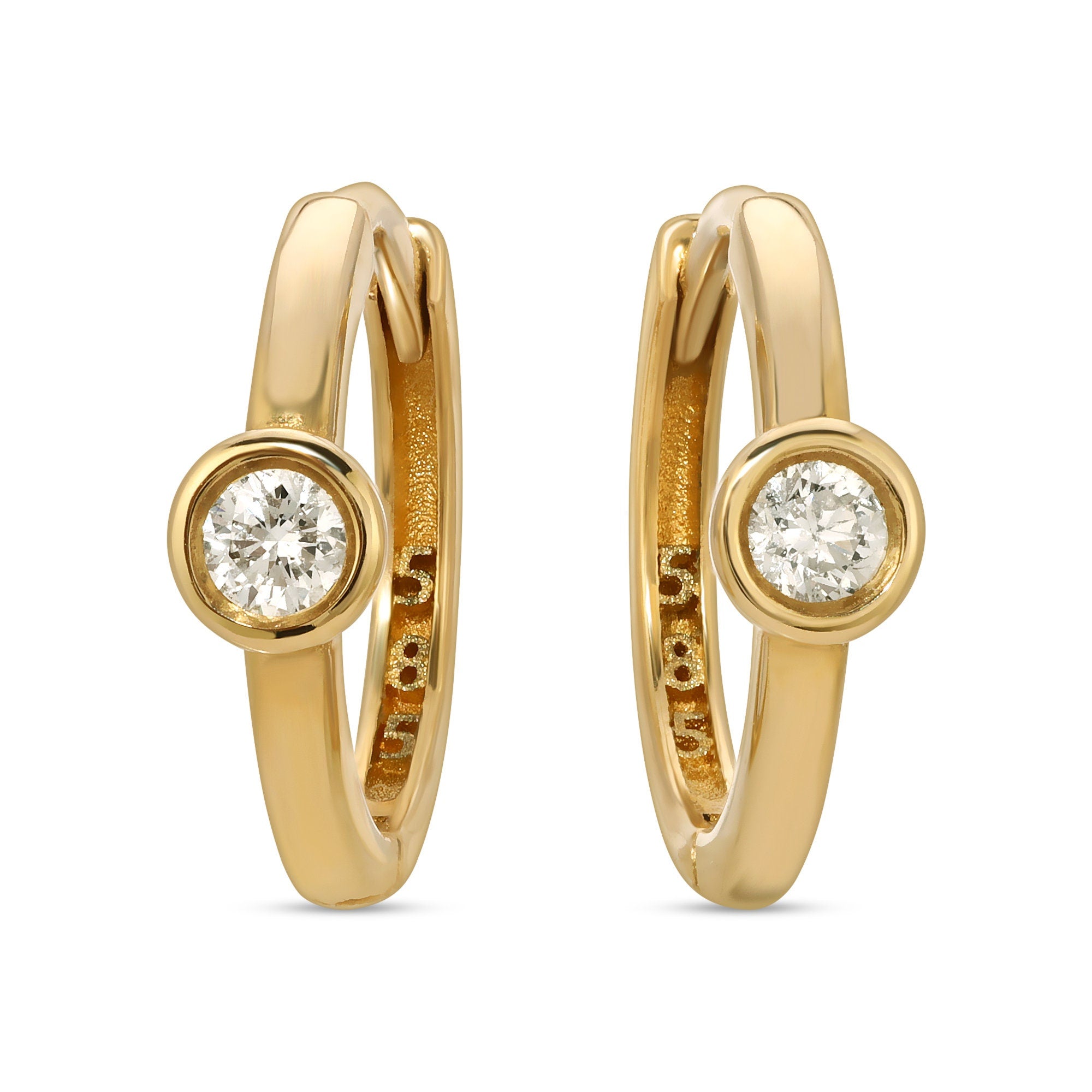 Bezel Solitaire Diamond Huggies Earrings 14k Solid Gold