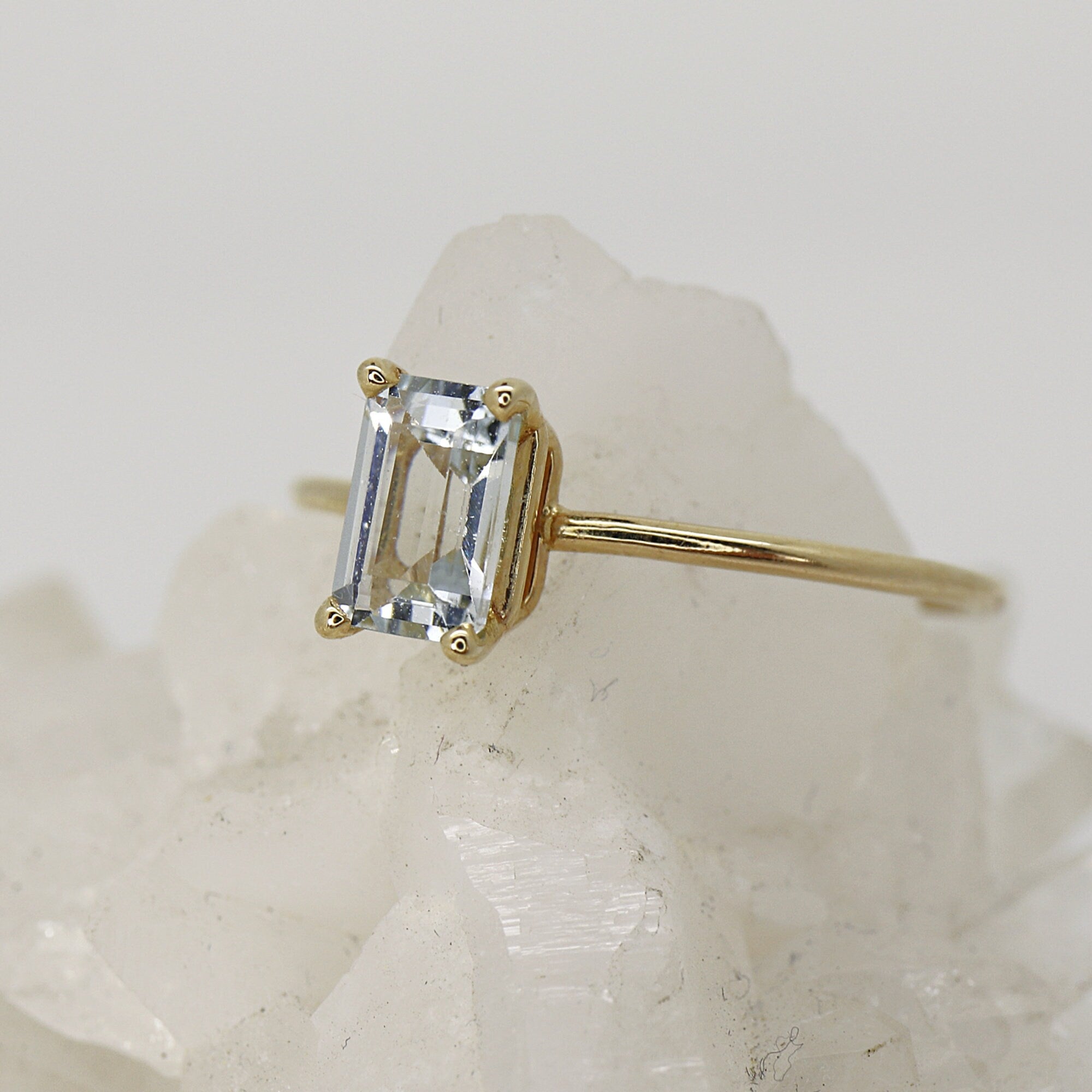 14k Gold Emerald Cut Aquamarine Ring