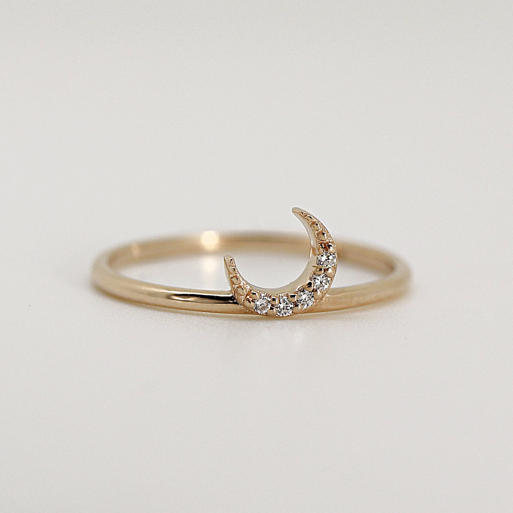 Genuine Diamond Crescent Moon Ring, Moon Ring in 14k Gold