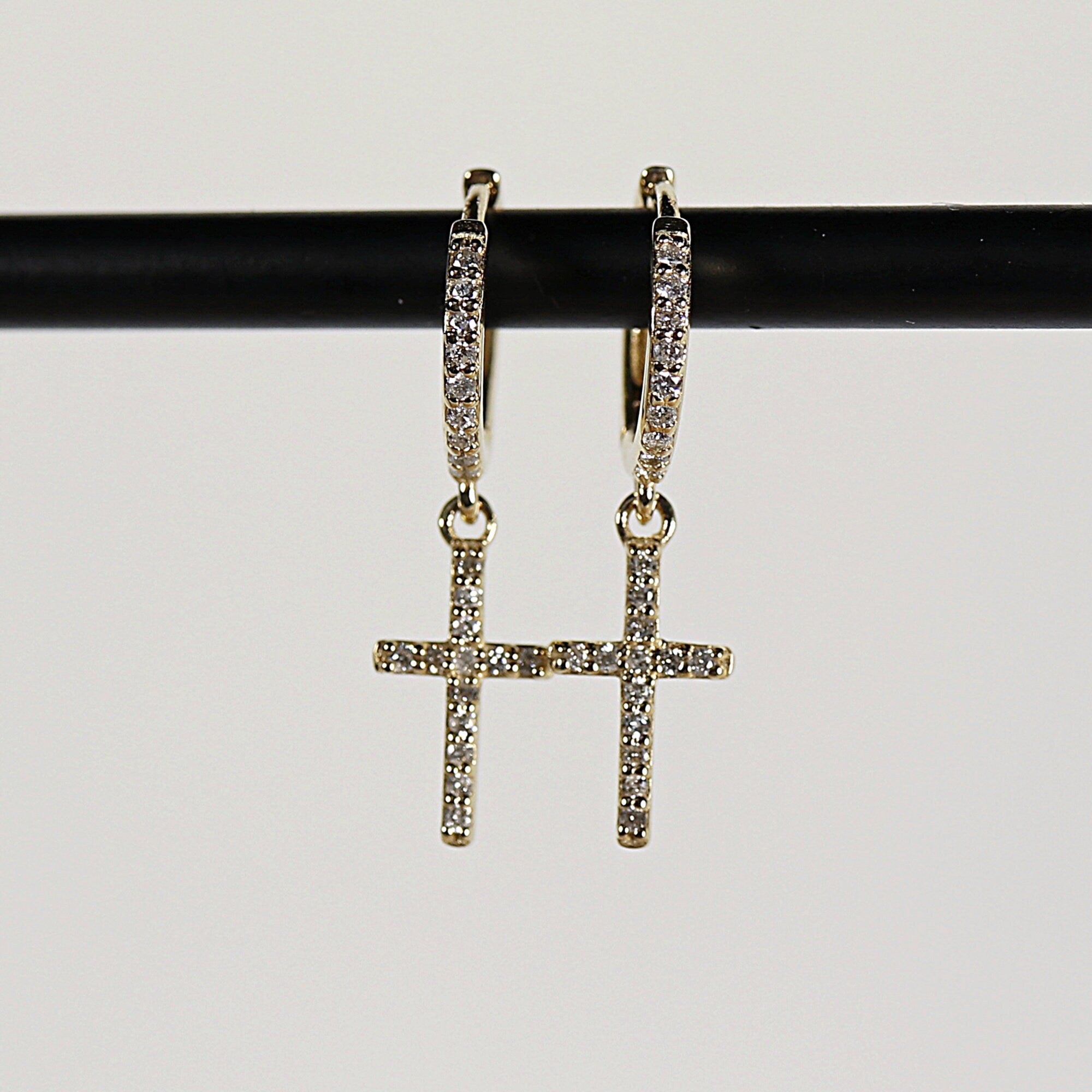 Diamond Cross Hoop Earrings, Gold Hoop Dangle Earrings