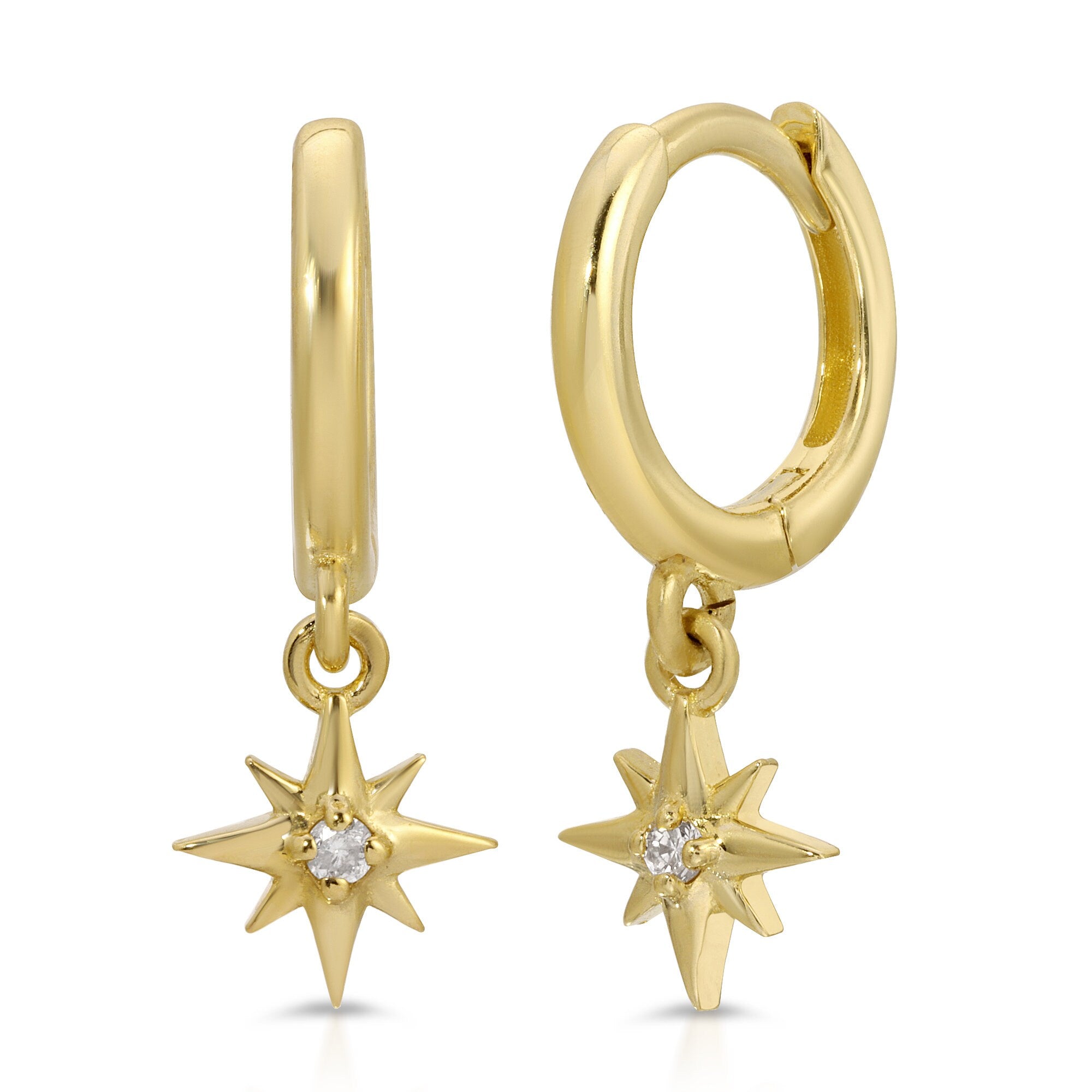 Diamond North Star Huggie Hoops, Dangling Starburst Hoop Earrings