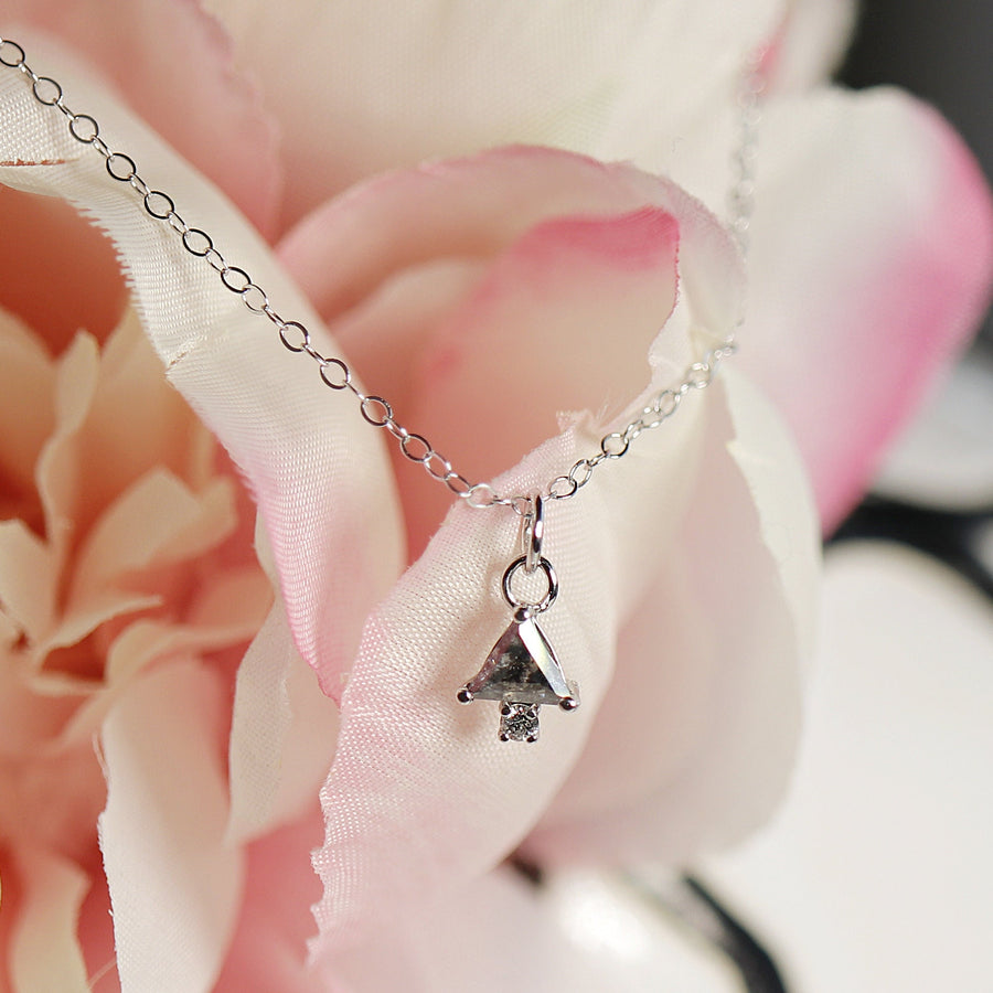 Salt and Pepper Diamond Necklace in 14k Solid White Gold, Triangle Diamond Necklace, Gift For Her, Dangling Diamond Necklace