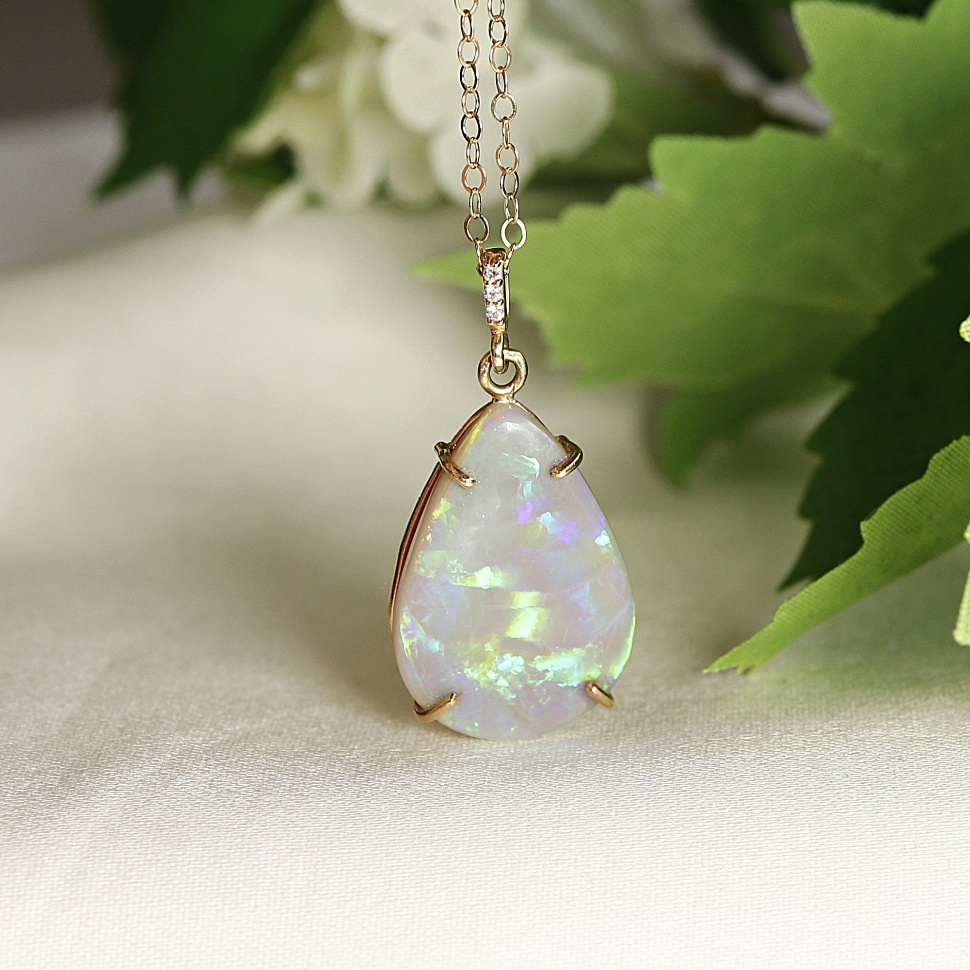 14k Gold Opal Necklace with Diamond Bail