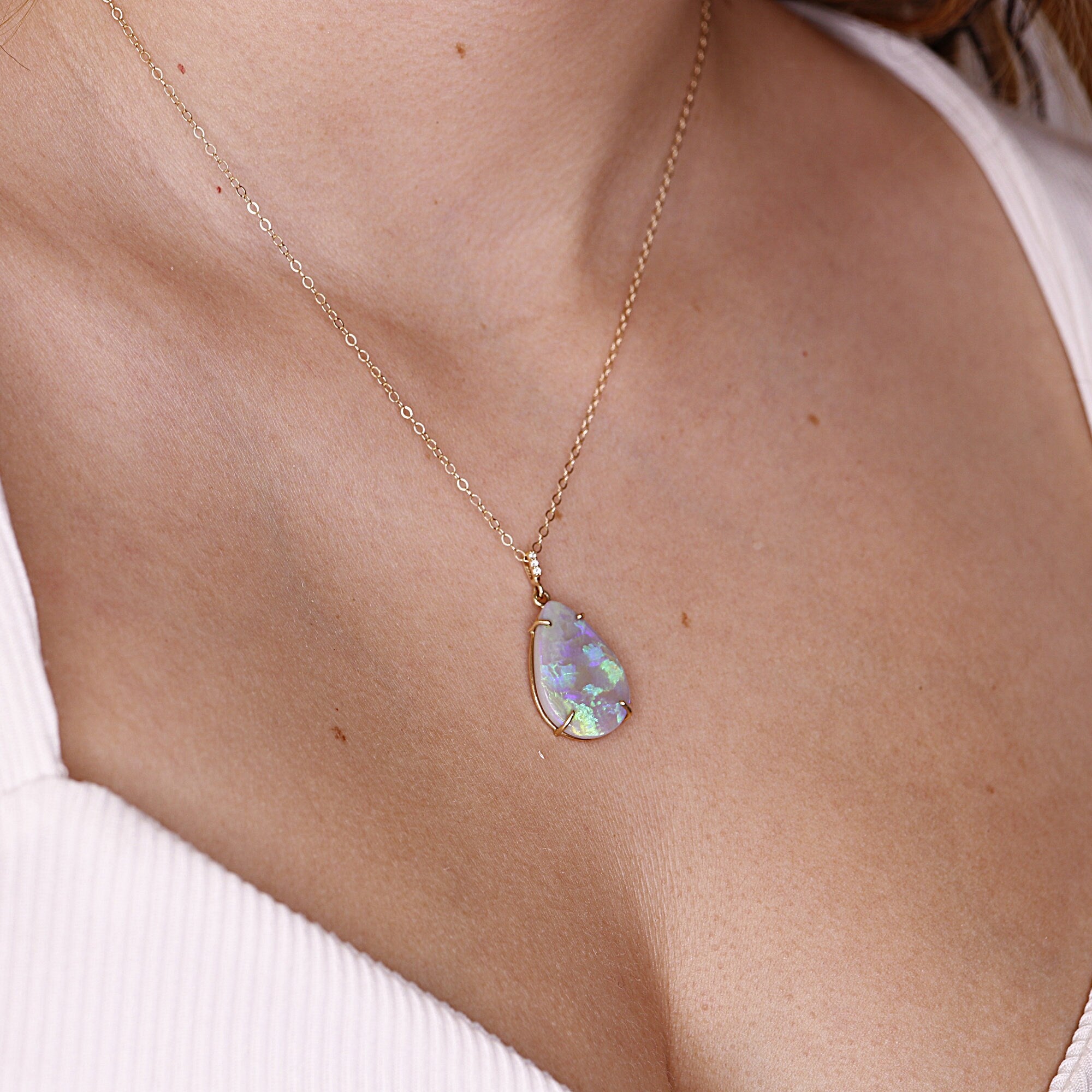 14k Gold Opal Necklace with Diamond Bail