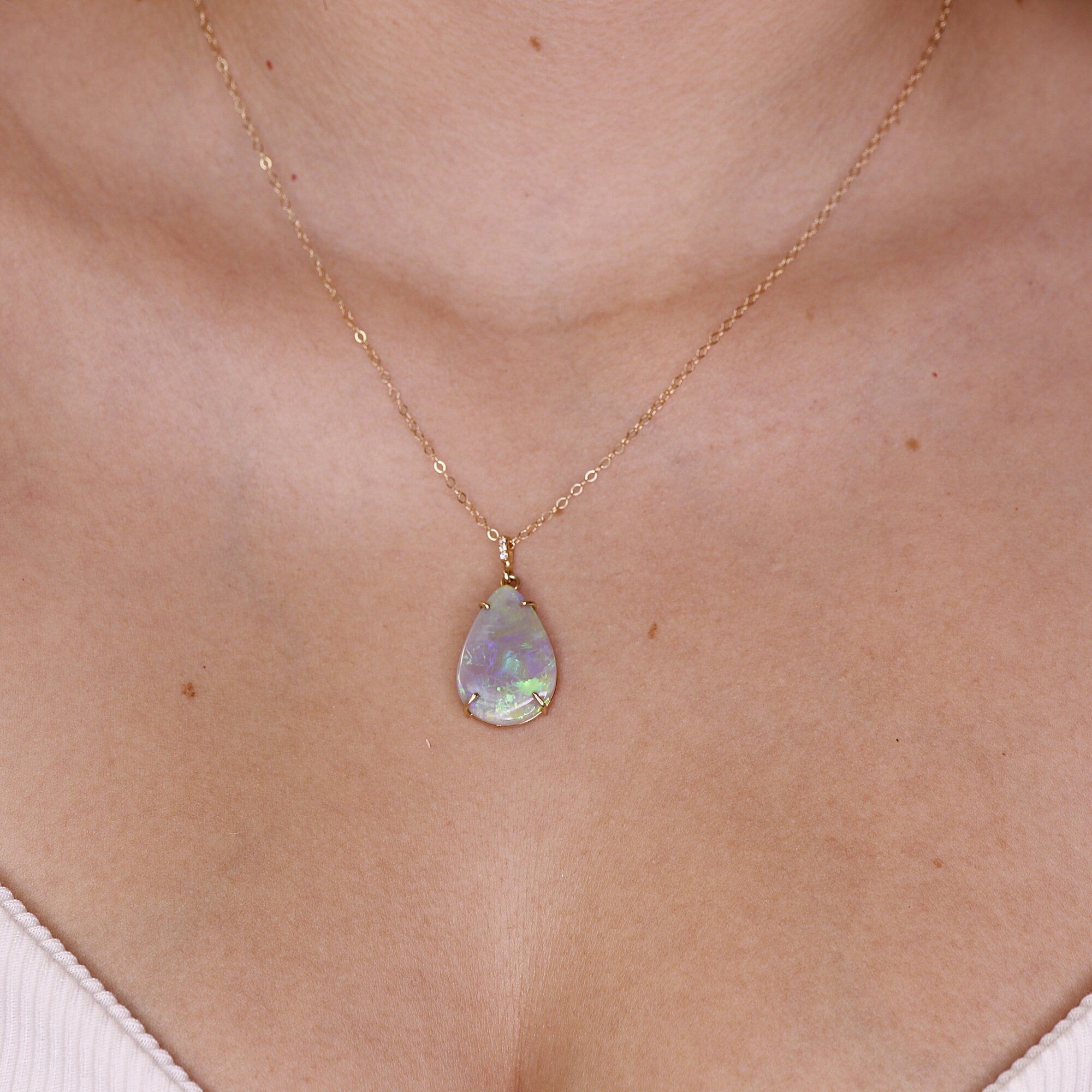 14k Gold Opal Necklace with Diamond Bail