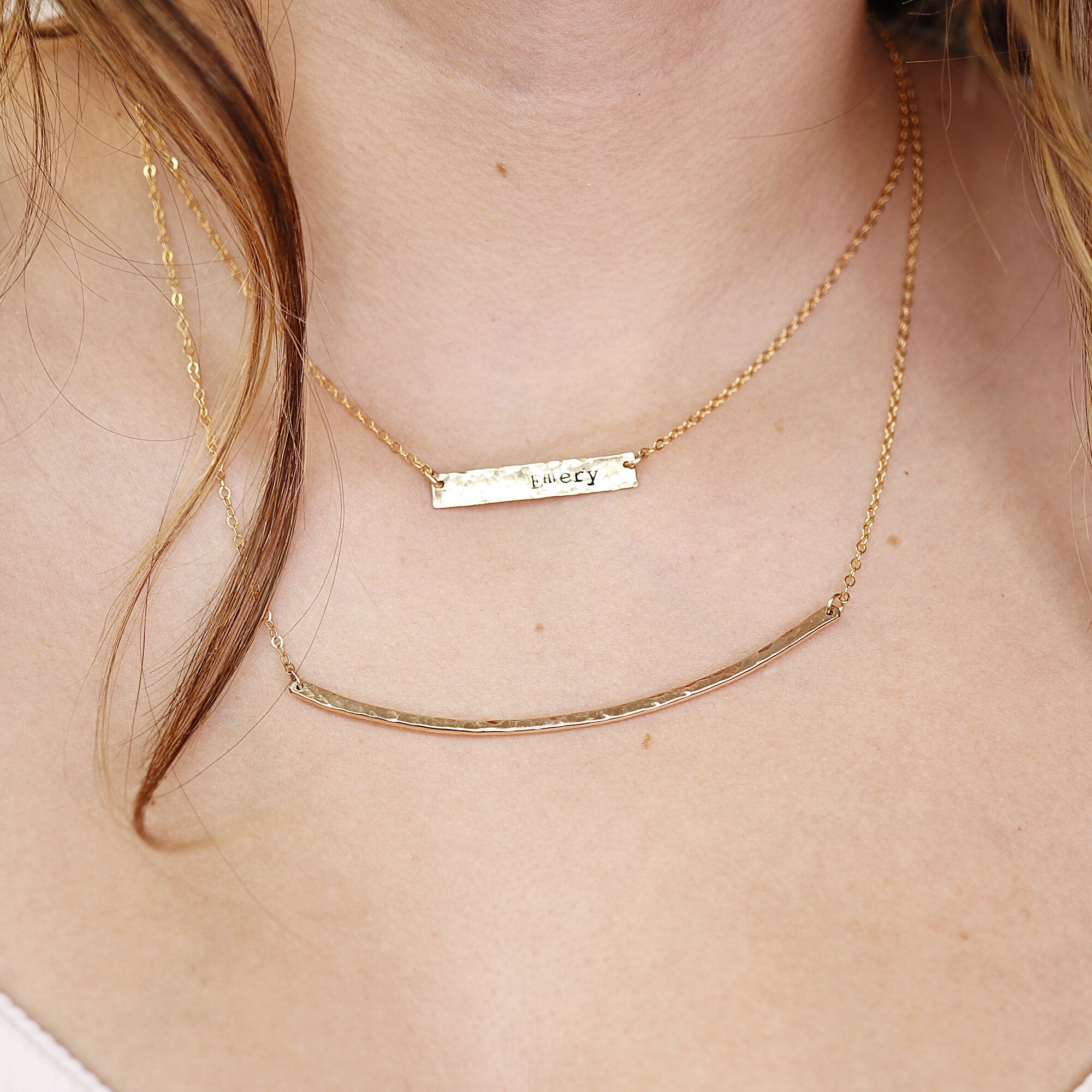 Curved Hammered Bar Necklace, Gold Curved Bar Necklace