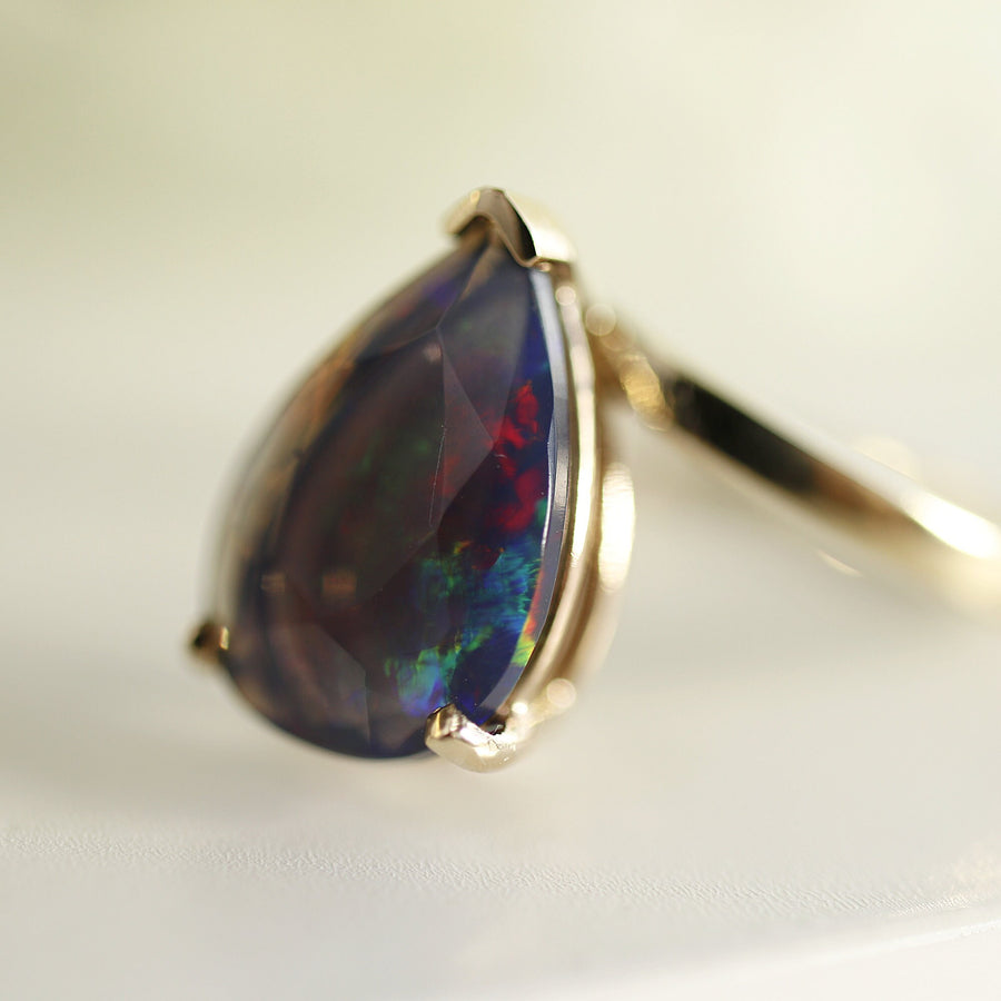 Pear Cut Black Fire Opal Ring 14k Solid Gold