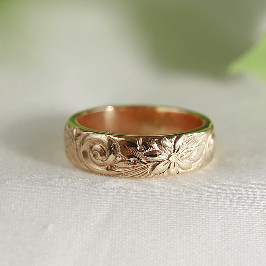 Floral Wedding Band Solid 14k Gold, Thick Wedding Ring
