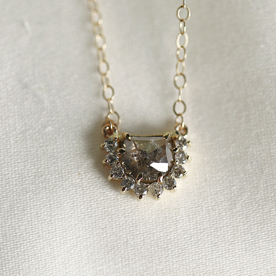 Salt and Pepper Half Moon Diamond Necklace in 14k Solid Yellow Gold