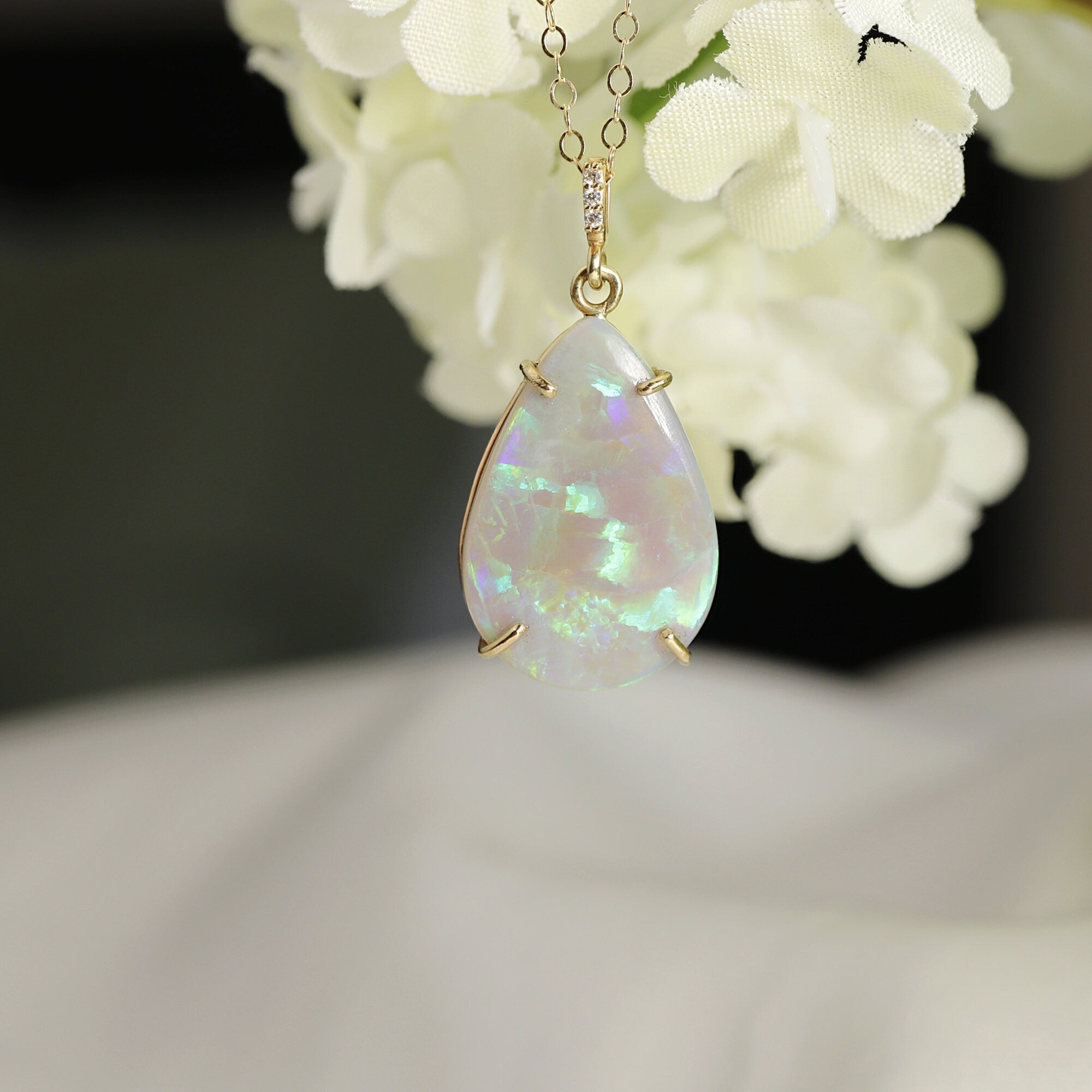 14k Gold Opal Necklace with Diamond Bail