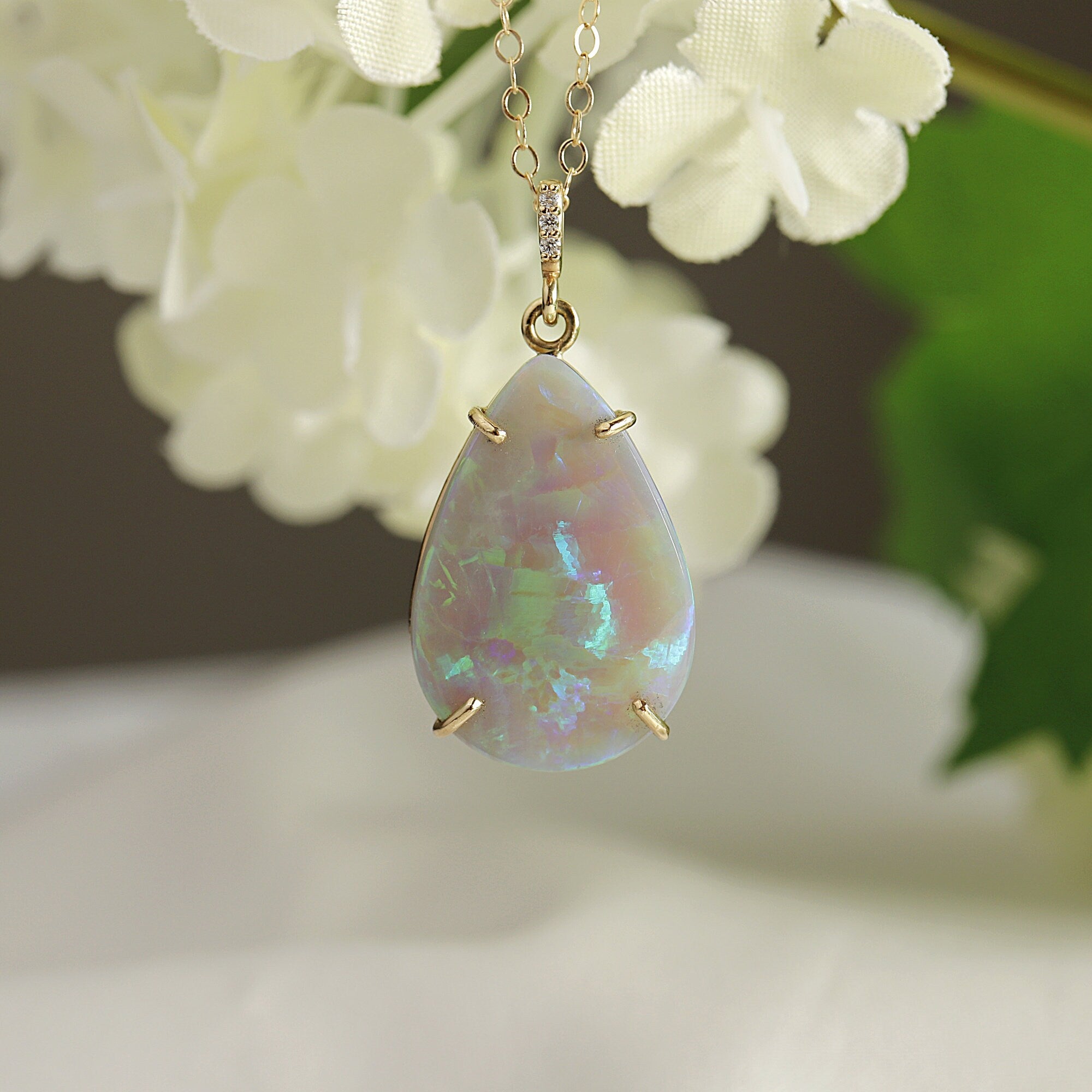 14k Gold Opal Necklace with Diamond Bail