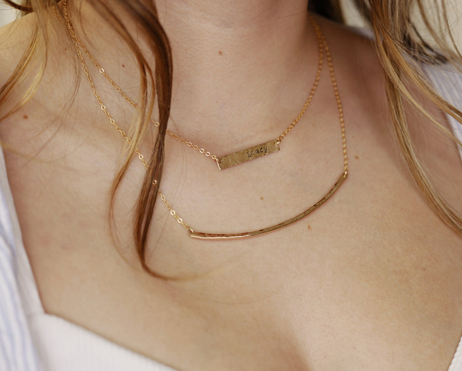Curved Hammered Bar Necklace, Gold Curved Bar Necklace