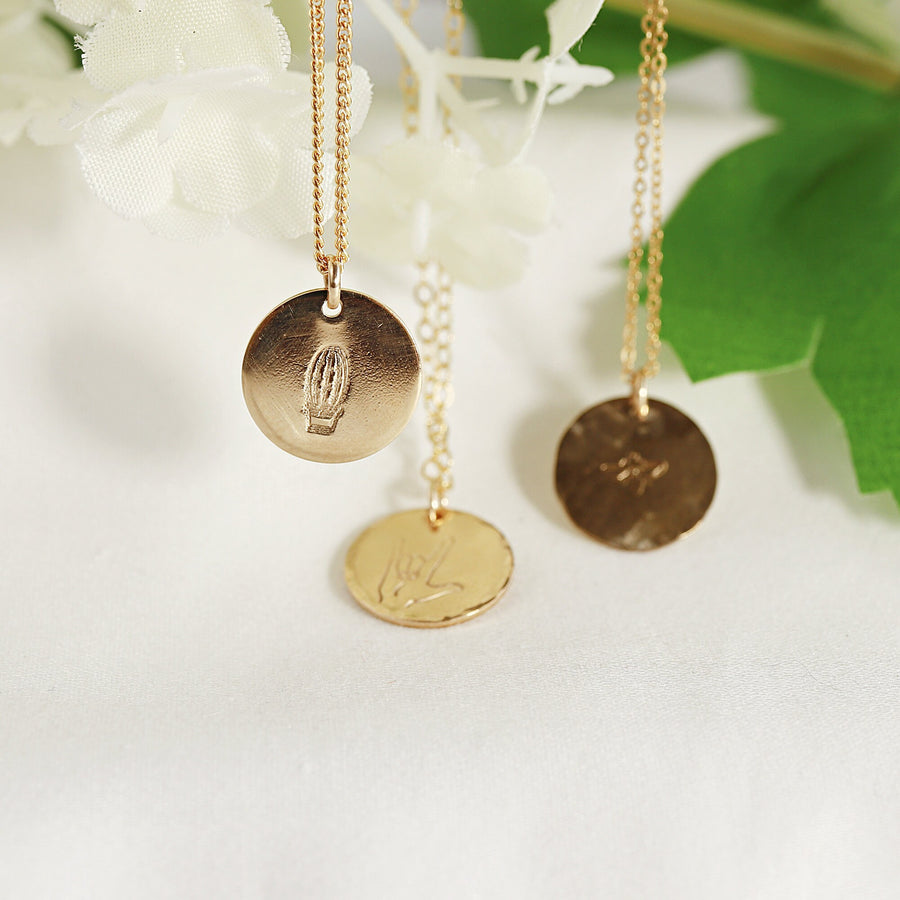 Dainty Personalized Gold Disc Necklace (Cactus, Bee, ASL Sign)