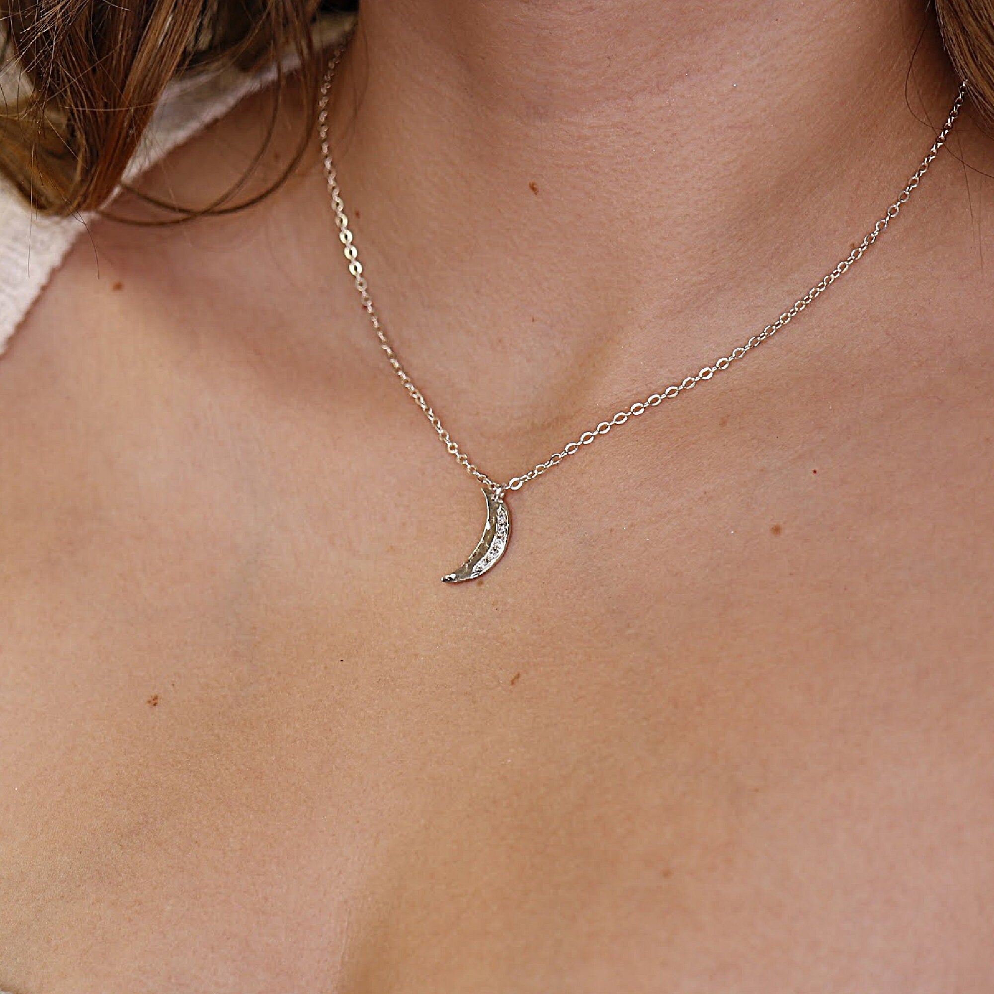 Diamond Crescent Moon Necklace Sterling Silver