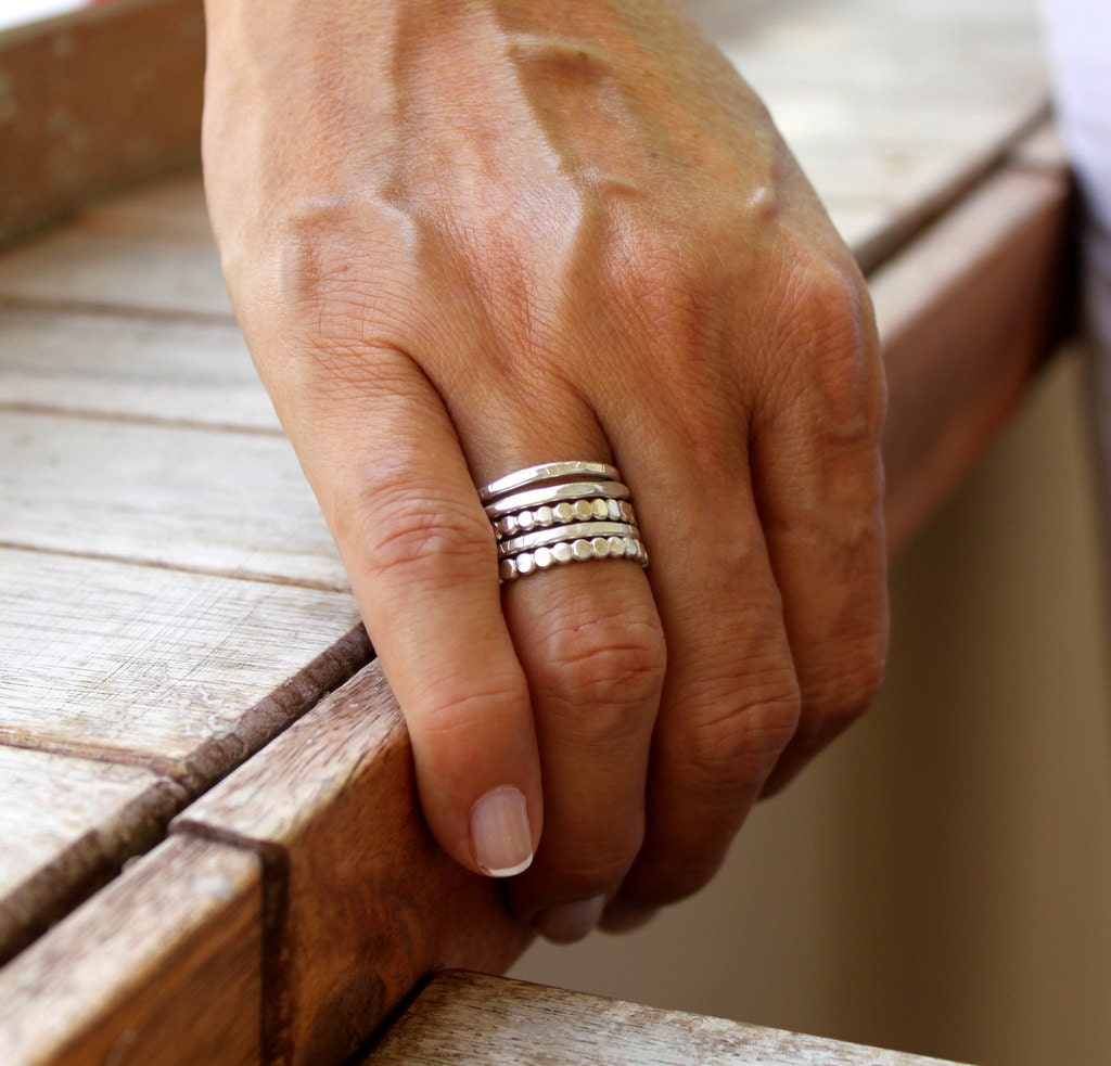 Stackable Ring Set of Five, Hammered and Textured Silver Rings, Simple Skinny Stacking Ring Set