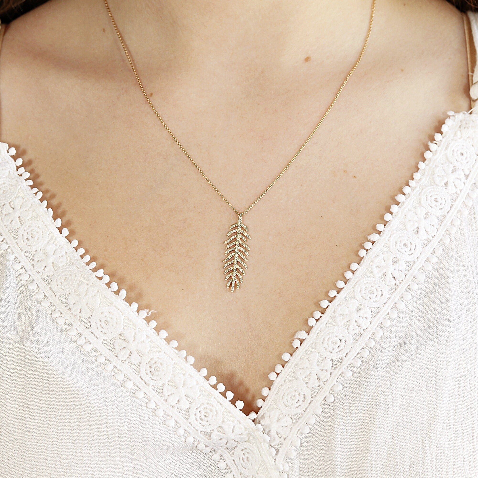 Pave Diamond Feather Necklace, 14k Gold Feather Pendant