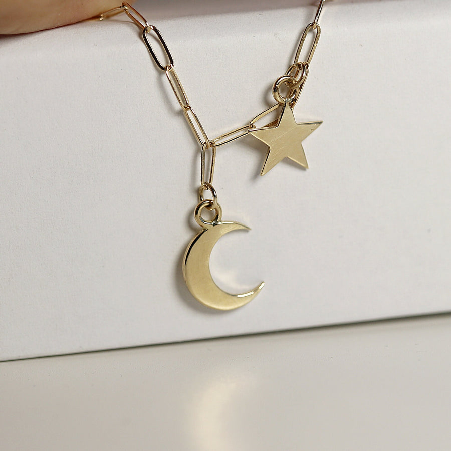 Moon and Star Necklace 14k Solid Gold
