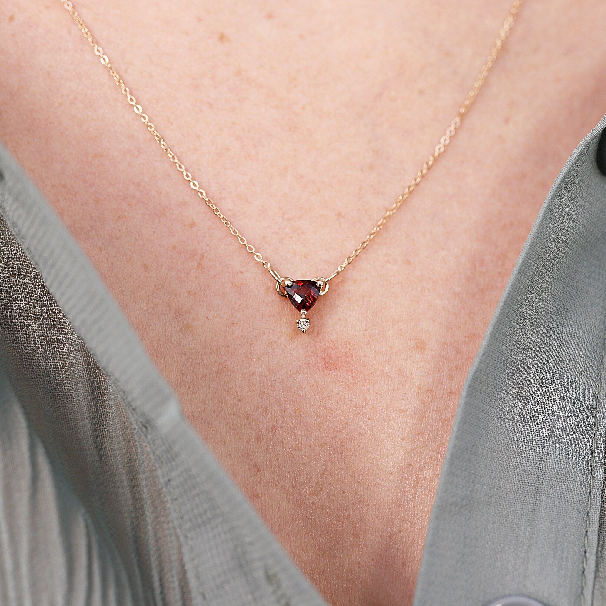 Diamond & Trillion Red Garnet Necklace 14k Gold