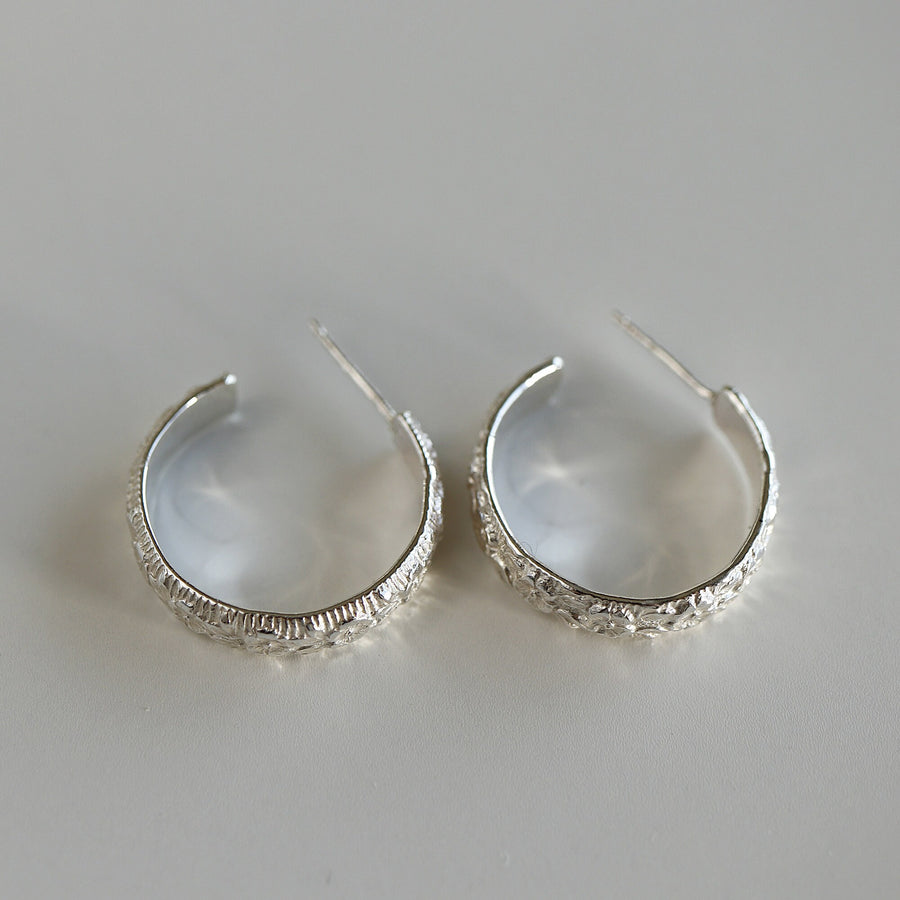 Round Open Hoop Earrings, Patterned Sterling Silver Earrings