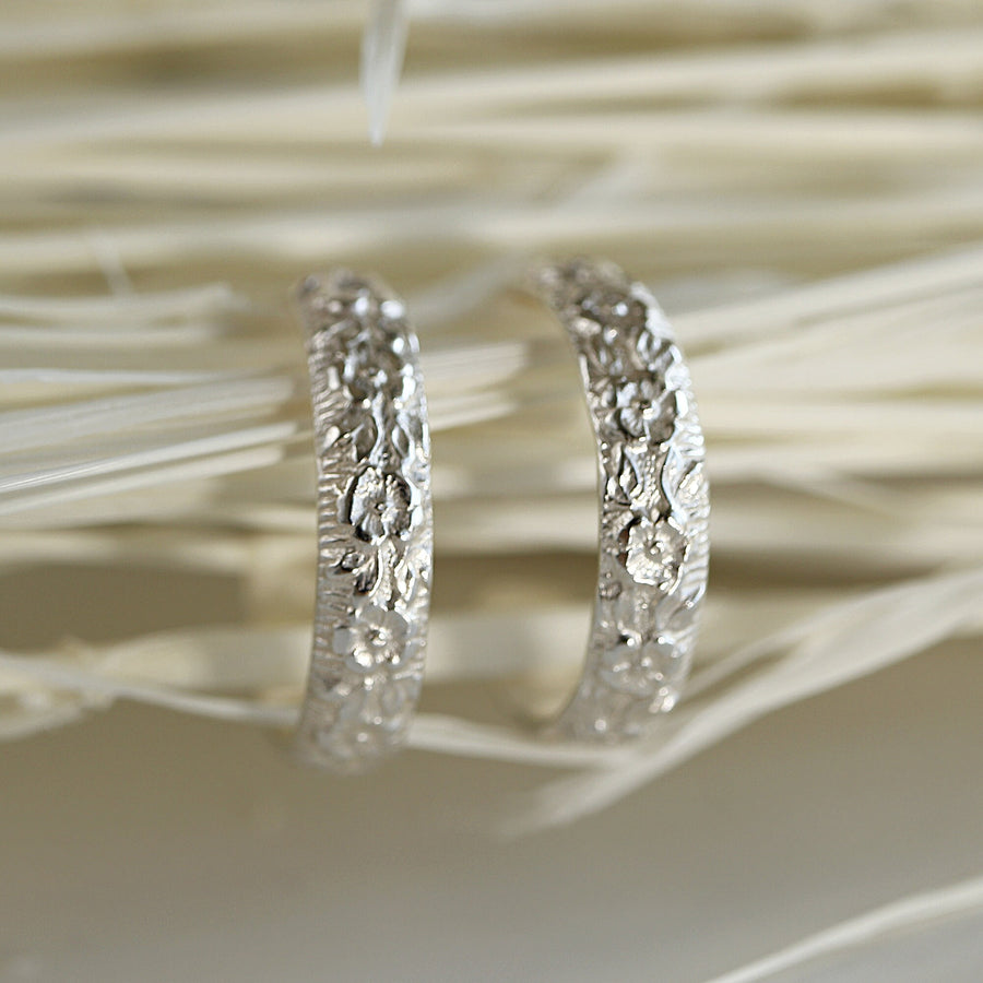 Round Open Hoop Earrings, Patterned Sterling Silver Earrings