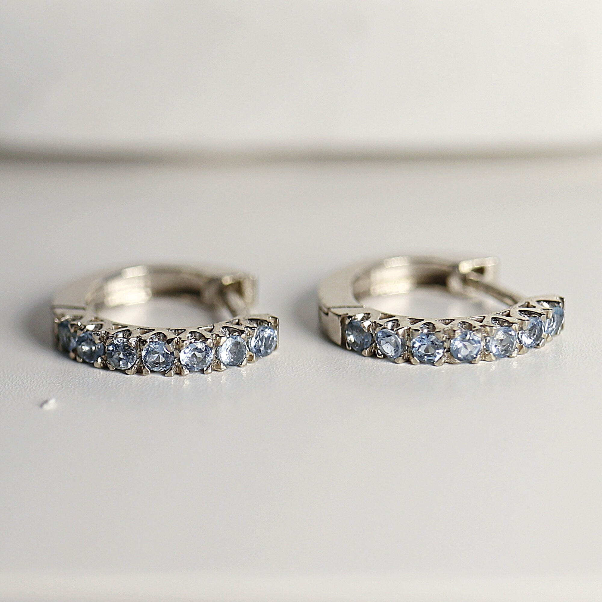 Aquamarine Hoop Earrings, 14k White Gold Huggie Earrings