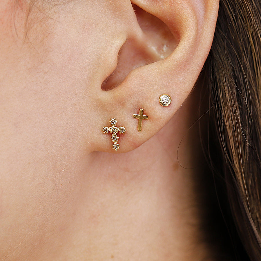 Tiny Cross Diamond Earrings, 14k Solid Gold Cross Stud Earrings