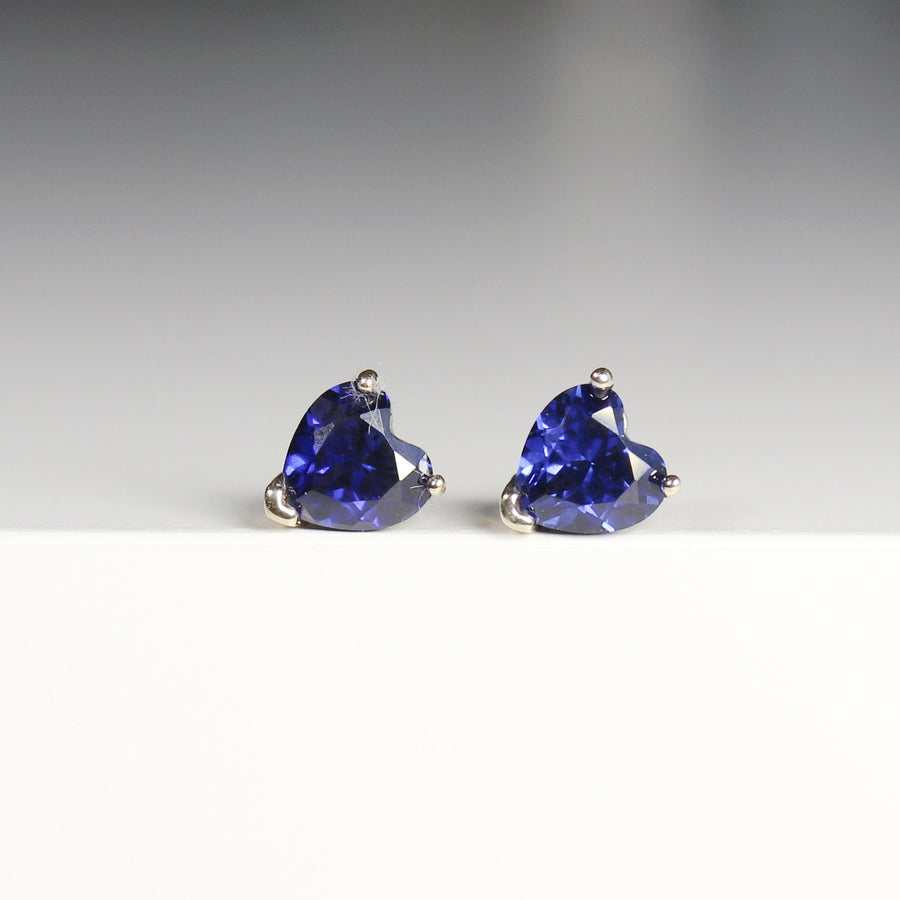Blue Sapphire Earrings, 14k Solid Gold, Heart Sapphire Stud Earrings