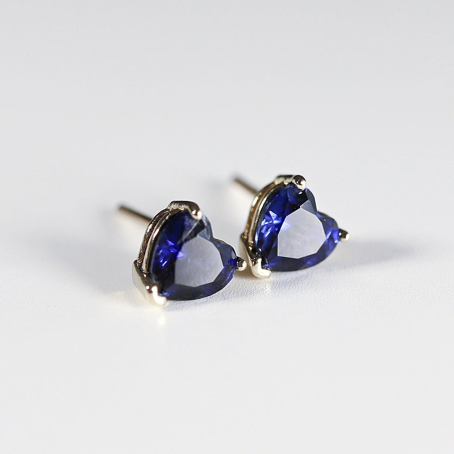 Blue Sapphire Earrings, 14k Solid Gold, Heart Sapphire Stud Earrings